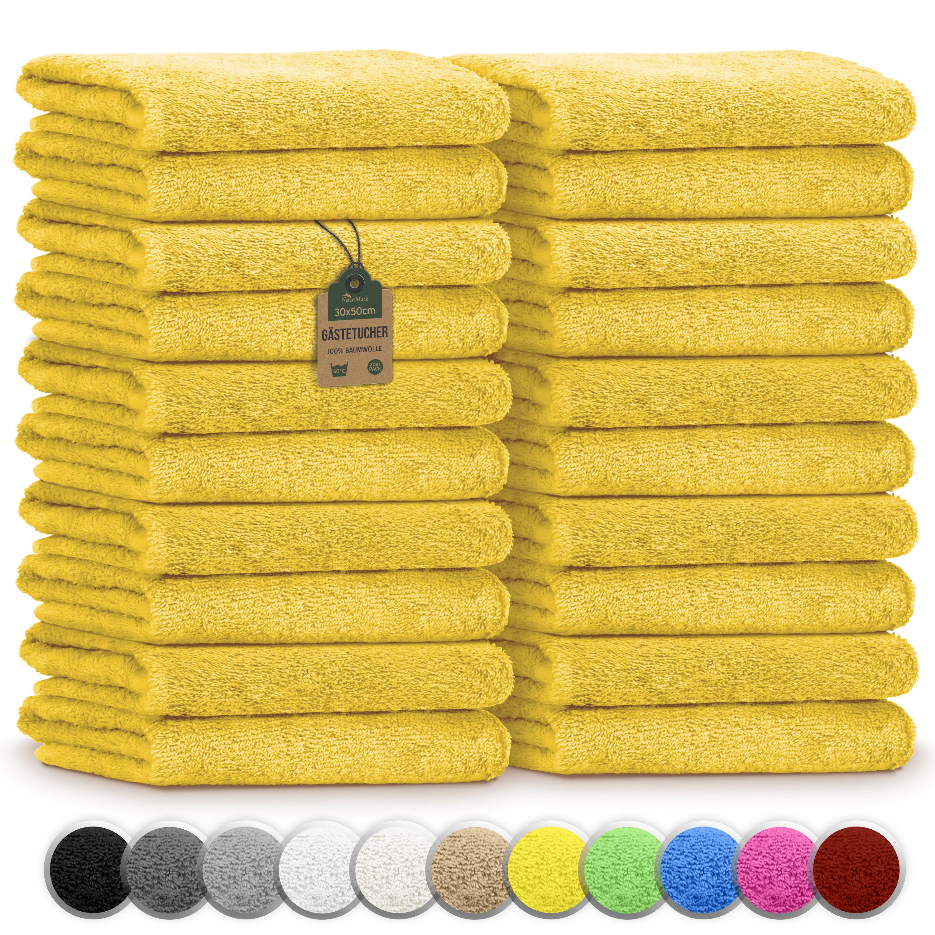 NatureMark Gästehandtuch 20er-Sparpack Frottier Gästetücher 30x50cm, 100% Baumwolle (20-St), Gästehandtuch 30x50cm Gelb