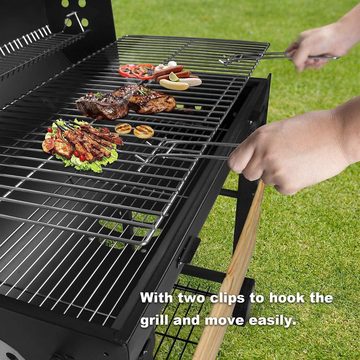 Holzkohlegrill CA-30, Komplett-Set, Grillstation auf Rollen mit 2 Kammern, Grillwagen Holzkohlegrill mit Deckel, mit Temperaturanzeige,Holz-Ablagen Gartengrill, Seitenablage Aschetopf