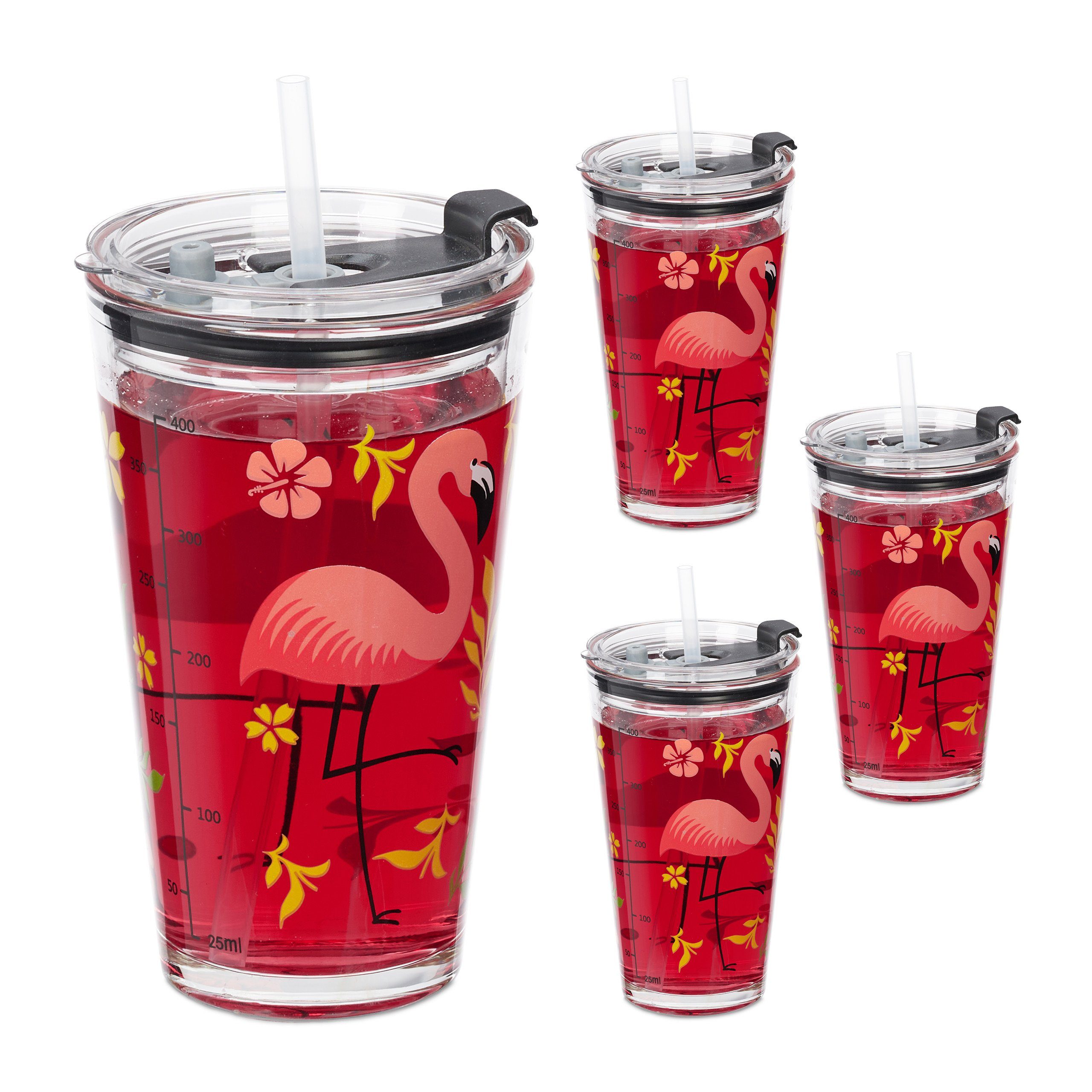 relaxdays Gläser-Set 4er Set Trinkgläser mit Flamingo-Motiv, 4-tlg., Glas