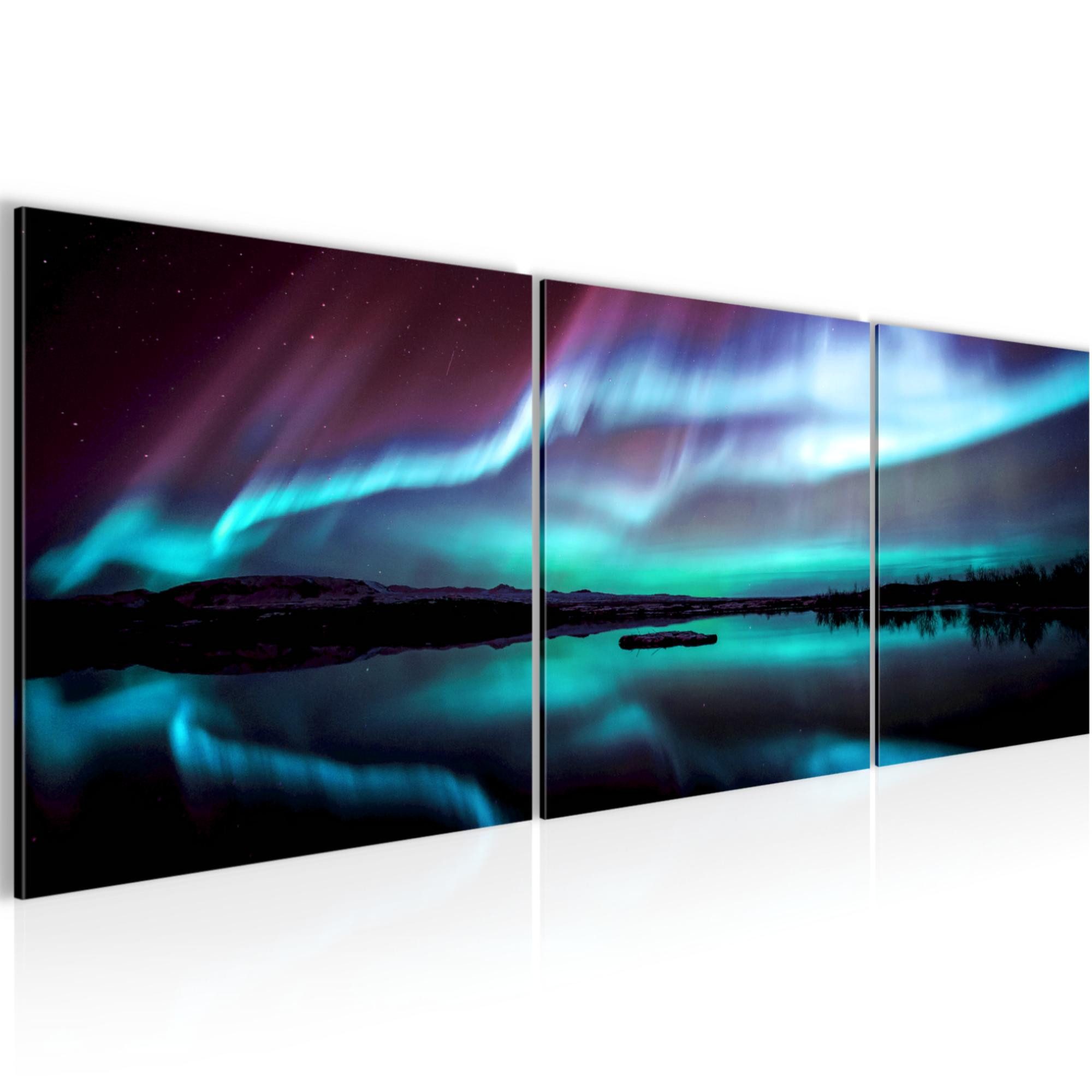 Runa Art Wandbild Polarlicht auf Vlies Leinwand Deko 90 x 30 cm See Türkis Lila 609134b, 90L x 30B cm