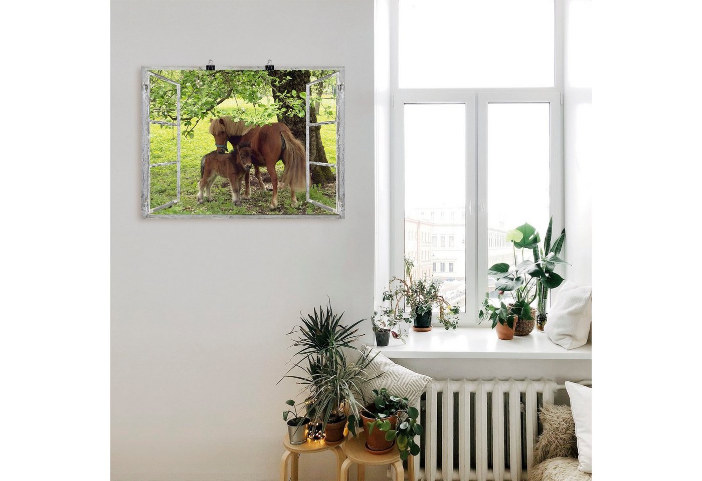 Artland Wandbild »Fensterblick - Pony mit Kind«, Haustiere (1 Stück), in vielen Größen & Produktarten - Alubild / Outdoorbild für den Außenbereich, Leinwandbild, Poster, Wandaufkleber / Wandtattoo auch für Badezimmer geeignet-HomeTrends