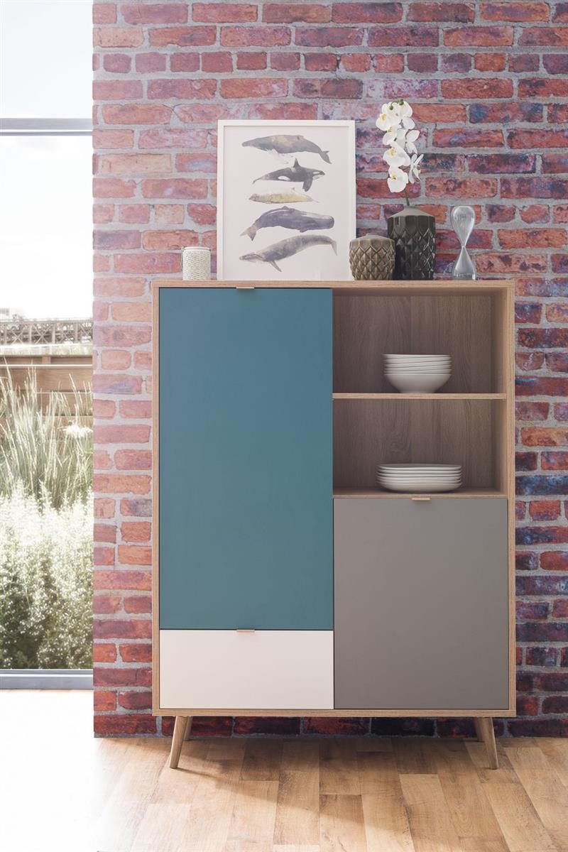 möbelvita Highboard Highboard Lima 53 - Sonoma Eiche/Weiß/Grau/Petrol