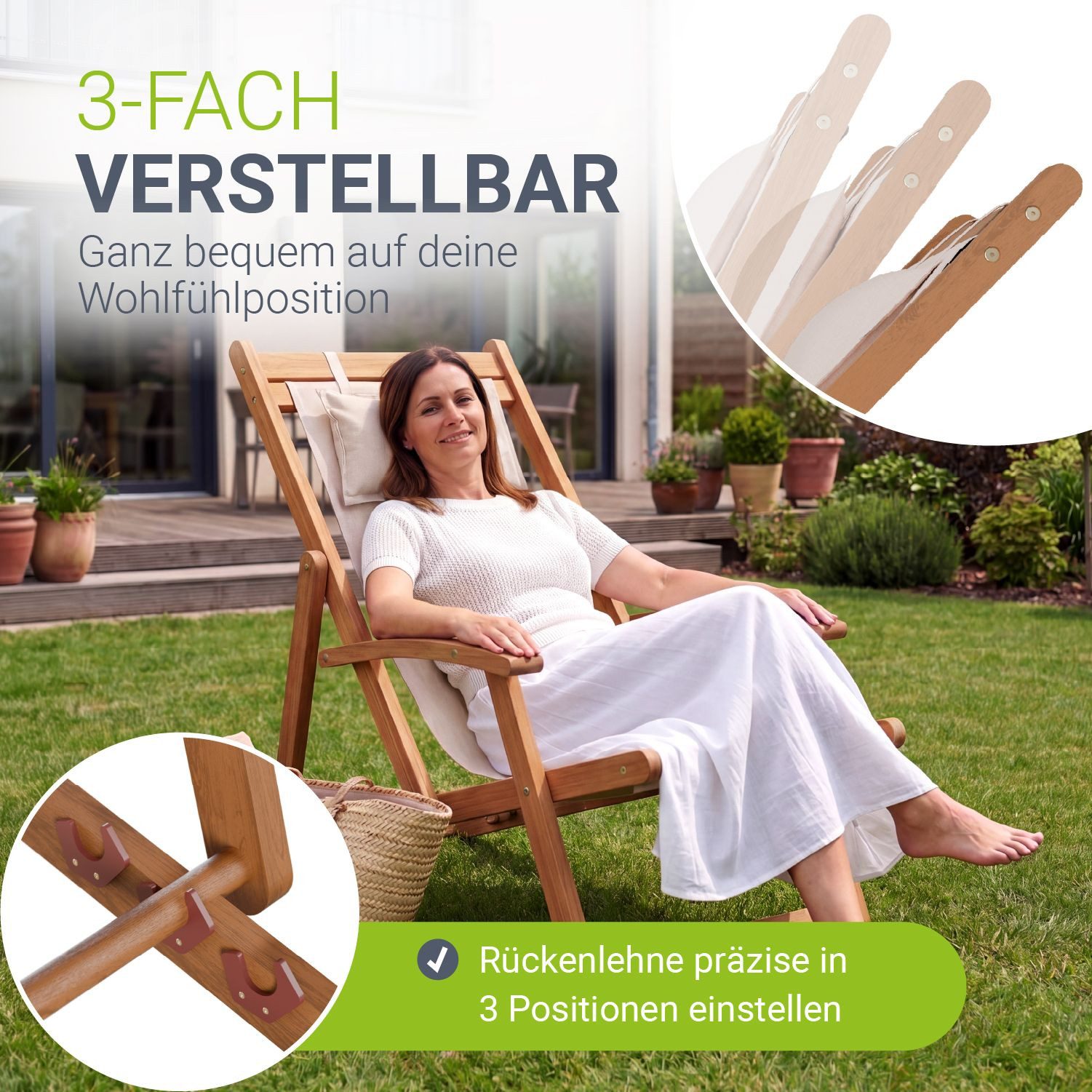 Juskys Gartenliege Tavira, 1er Set, 1 St., Verstellbare Lehne, Klappbar, Abnehmbares Kopfkissen
