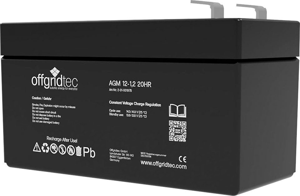 offgridtec AGM-Batterie 12V/1,2Ah 20HR Akku (12 V), Solar Batterie Akku Extrem zyklenfest
