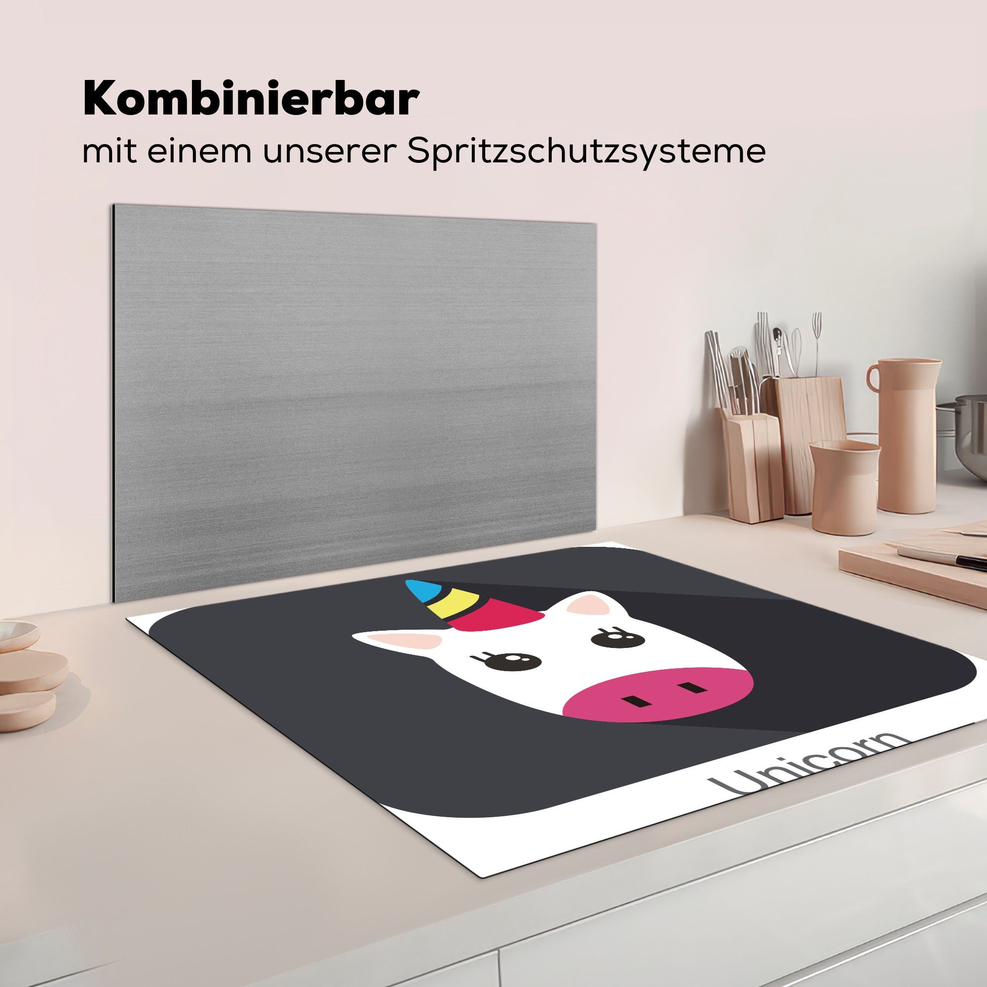 Illustration -, Ceranfeldabdeckung, Gesichts Einhorns (1 für küche MuchoWow Vinyl, schwarzem tlg), eines Hintergrund des cm, Arbeitsplatte 78x78 Herdblende-/Abdeckplatte auf