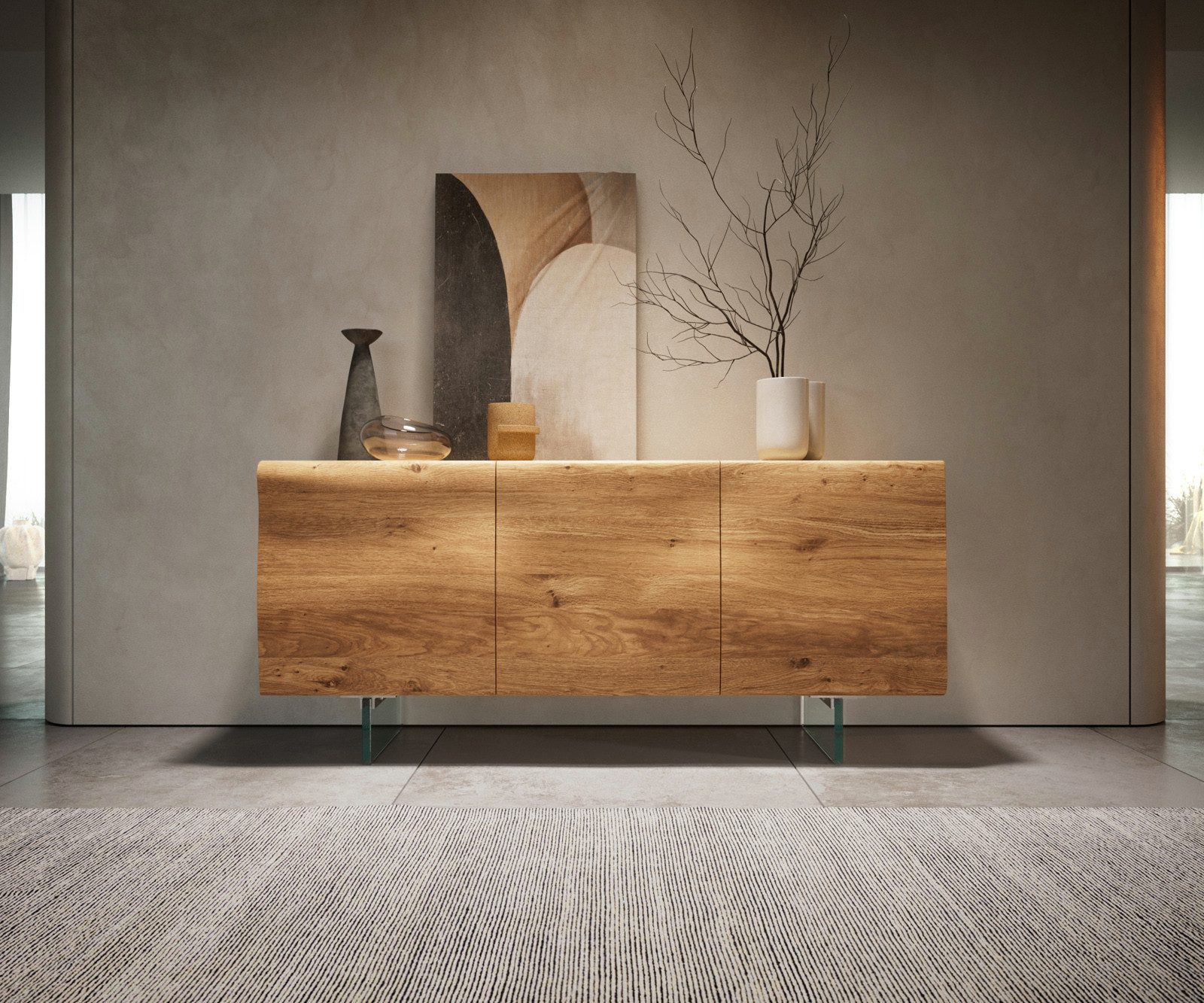 DELIFE Sideboard New, Live-Edge Eiche Natur 145 cm 3 Türen Glasfuß Sideboard