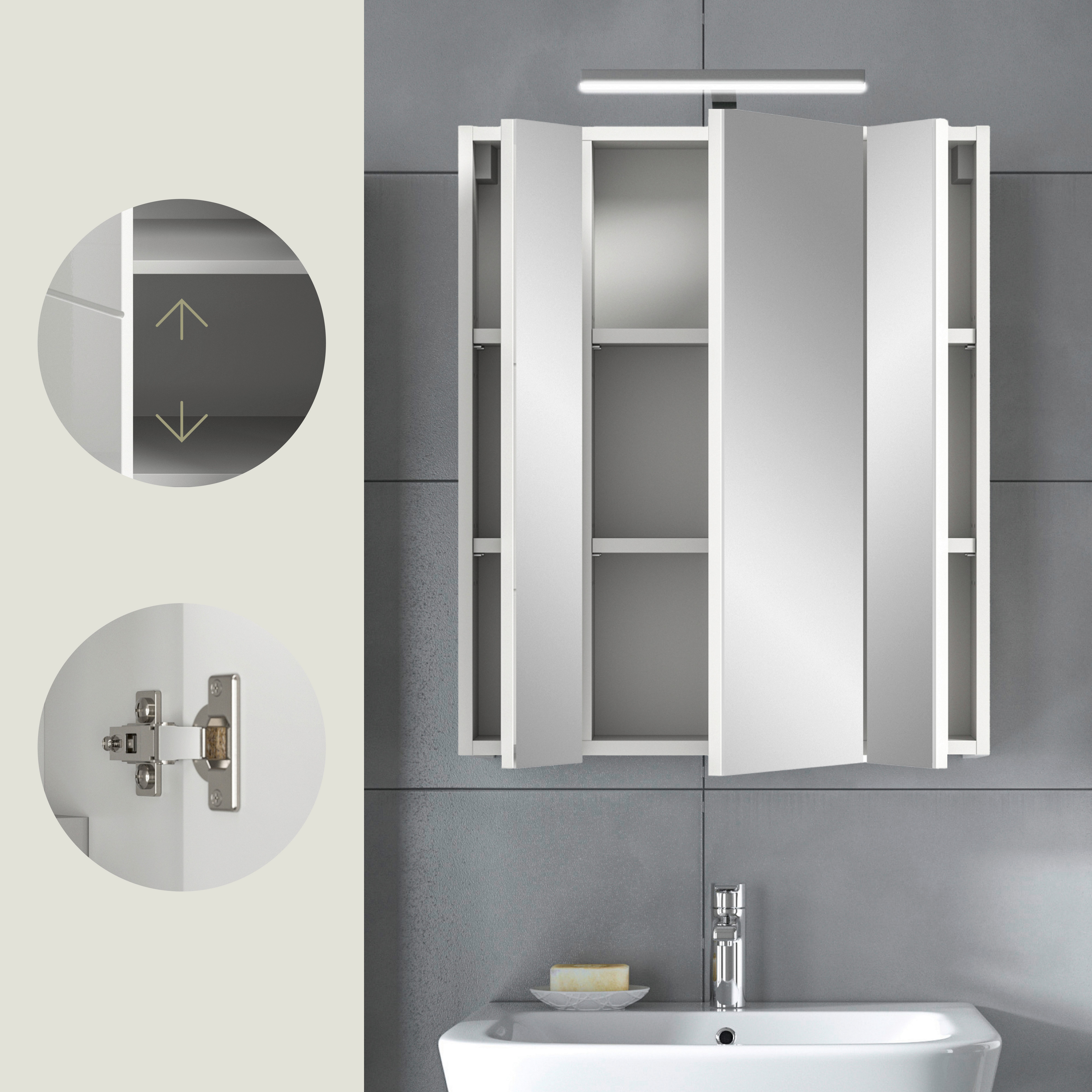 welltime Spiegelschrank FLORENZ, inkl. Beleuchtung, Breite 60 cm, 3 Spiegeltüren (TOPSELLER) in verschiedenen Farben erhältlich, Badmöbel, Badschrank, Schrank,  – Bild 4 von 5