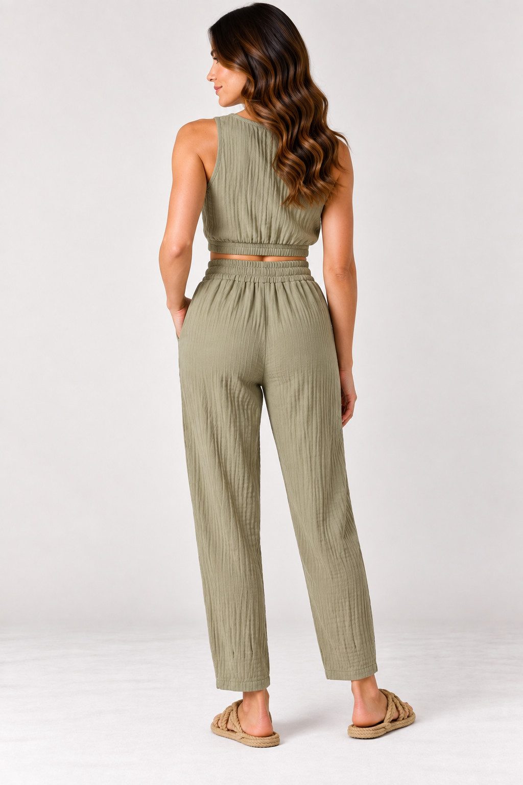 WENOR Stoffhose Damen Musselin Hose Baumwolle Tapered Sommerhose Knöchellänge, elastischer Bund, lässiger Style – Bild 4 von 5