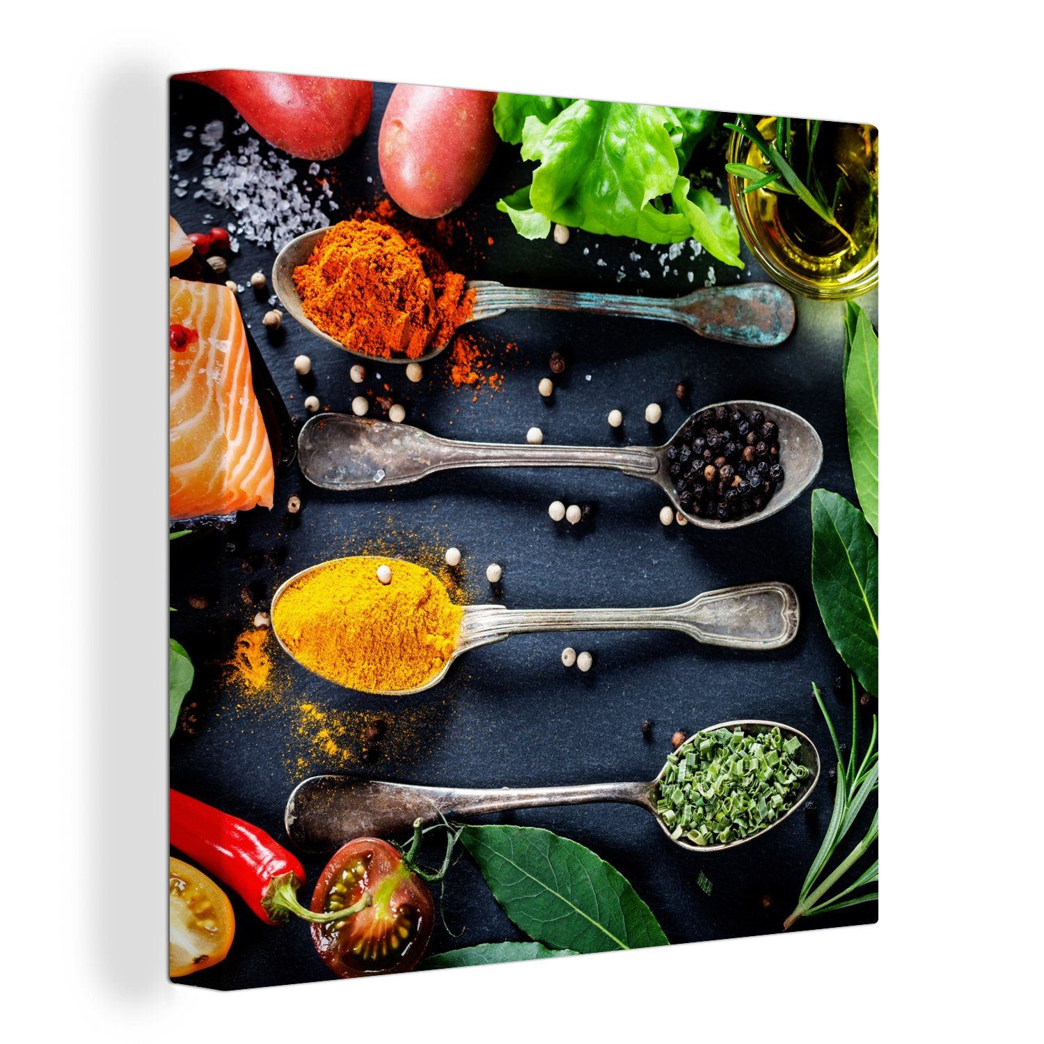OneMillionCanvasses® Leinwandbild Kräuter - Löffel - Küche - Gewürze, Fotodruck (1 St), Wandbild, Deko Schlafzimmer Wohnzimmer Flur 20x20 cm