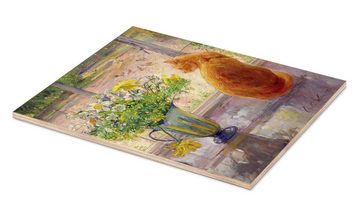 Posterlounge Holzbild Timothy Easton, Katze mit Blumen im Fenster, Küche Malerei