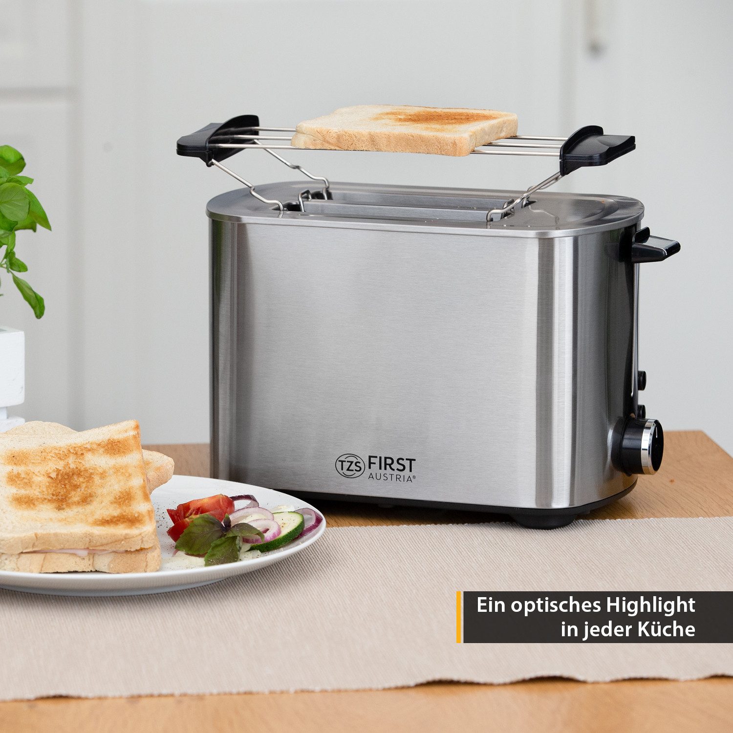 TZS FIRST AUSTRIA Toaster Edelstahl, 2 Scheiben, 850W, 7 Stufen, Warmhaltefunktion, für, 850 W, abnehmbarer Brötchenwärmer, Krümelschale