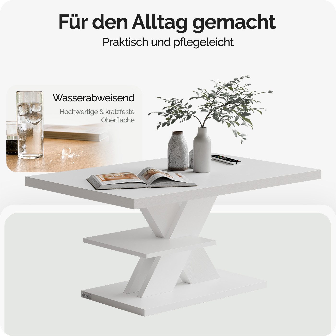 Casaria Couchtisch Detroit, Holz 2 Ablagen 90x60cm Modern Eckig Kratzfest Weiß – Bild 4 von 5