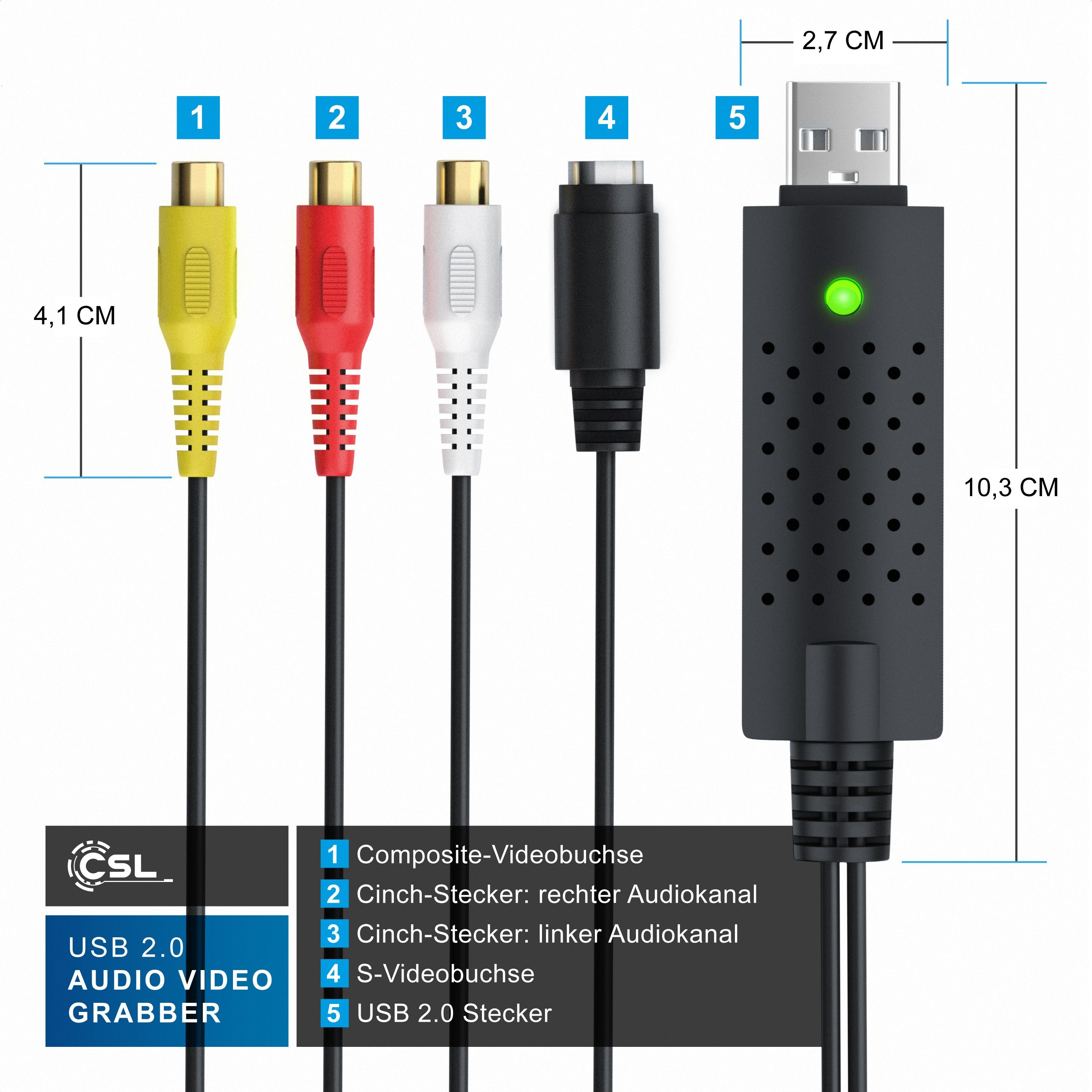 CSL USB Videograbber, Audio Video Konverter, PAL NTSC, VHS zu DVD Audio- & Video-Adapter USB Typ A, S-Video, Composite CVBS, Cinch zu USB 2.0 Typ A Stecker, S-Video Buchse (Mini-DIN 4), Composite CVBS Buchse, Cinch Buchse, Neue Software Win11 fähig Videoadapter zur Bearbeitung-Nachbearbeitung