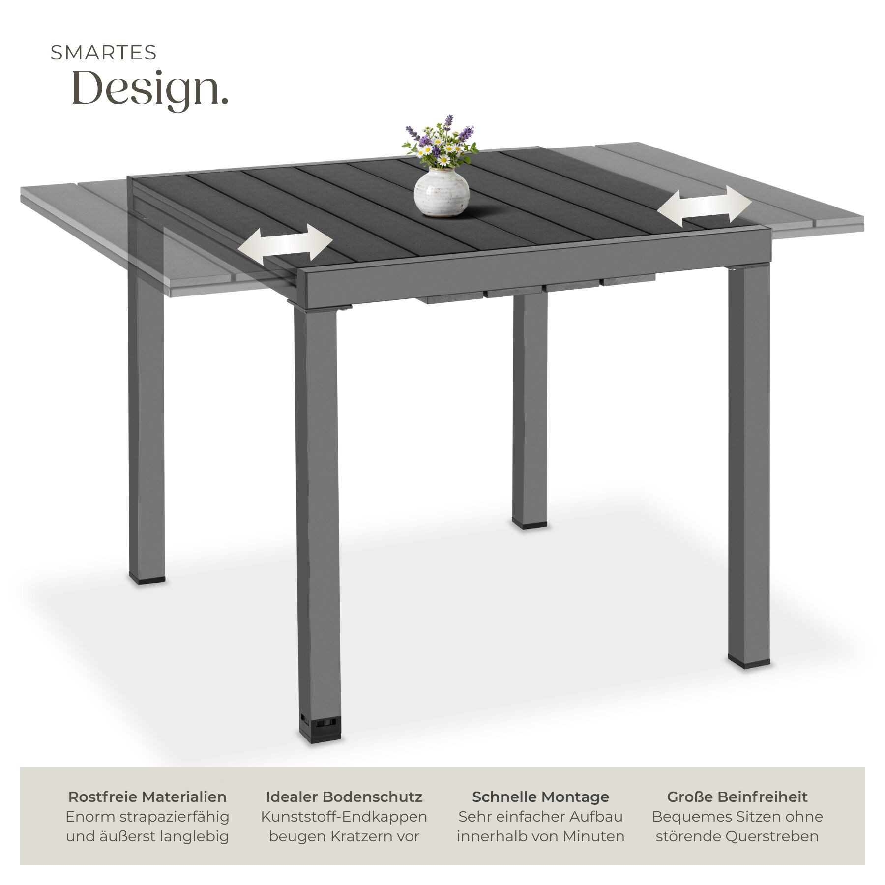 tectake Gartentisch Outdoor-Esstisch aus Aluminium für 4-6 Personen, 80–120 x 80 x 74 cm (Balkontisch Inca, 1-St., in schwarz), Lamellen in Holzoptik, wetterfest und UV-beständig, höhenverstellbar