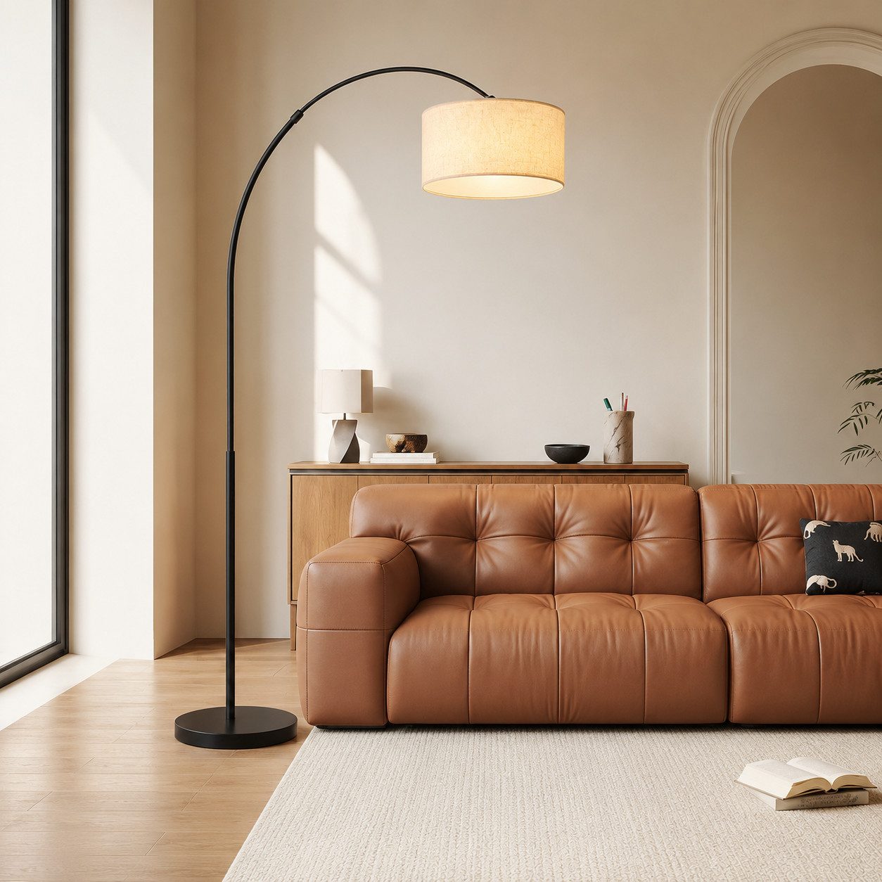 OYLCDI Stehlampe Bogenleuchte,Moderne Stehlampe mit Textilschirm Stoff Ø 36cm, Bogenlampen, Fußschalter und Textilkabel, E27(Glühbirne nicht enthalten) für wohnzimmer Leselampe Schlafzimmer,Büro Arbeitslampe, Wohnzimmerleuchte,Skandinavischer