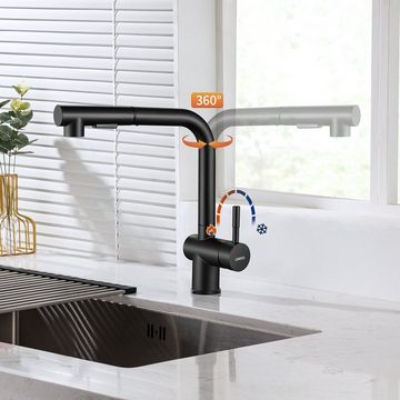 Lonheo Küchenarmatur Ausziehbar Wasserhahn Küche Spültischarmatur Einhand Mischbatterie 360° drehbar Schwarz