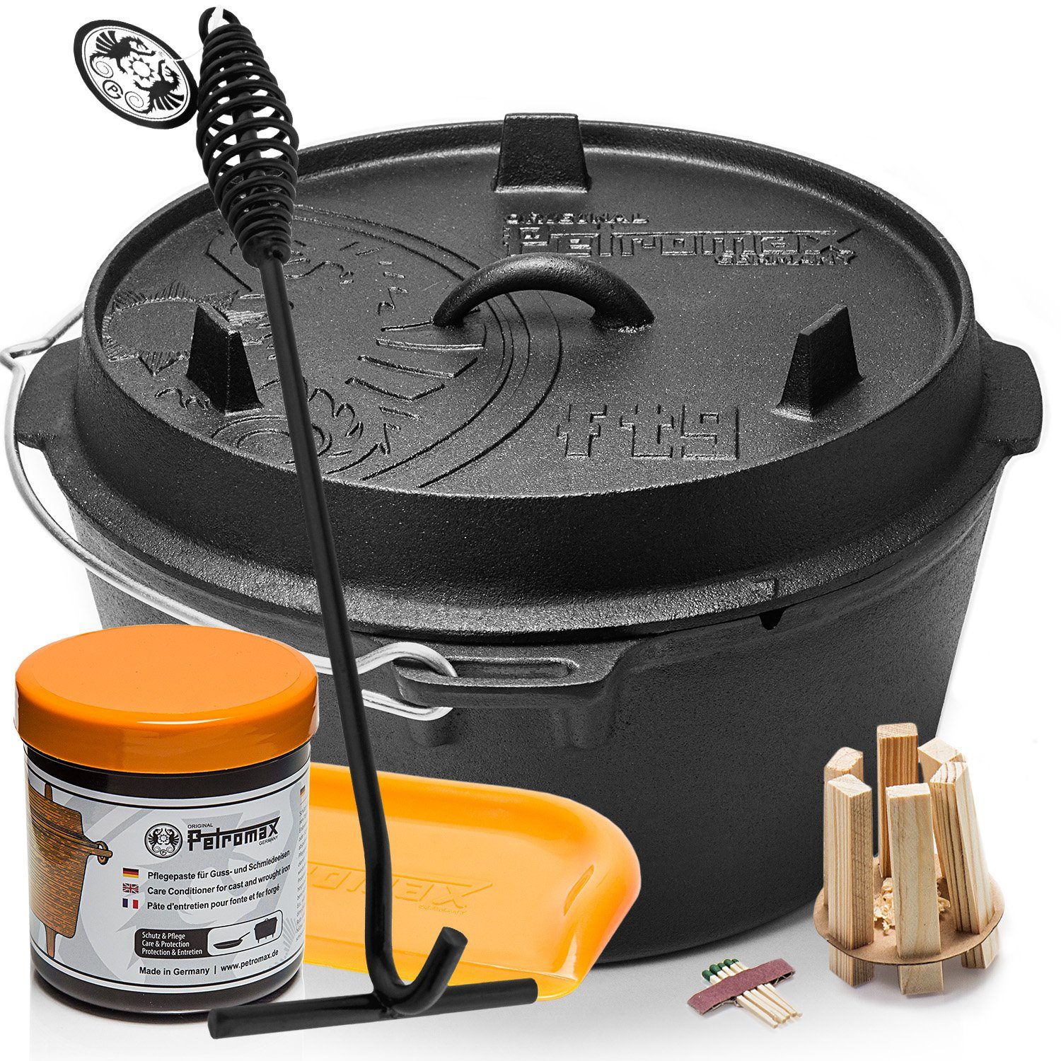 Petromax Schmortopf Feuertopf Dutch Oven ft9 ohne Füsse 8-14 Personen 7,5l, Gusseisen (Spar-Set, 6-tlg., Topf+Deckel+Deckelheber+Paste+Schaber+Feuer-Kit), Deckel mit Henkel, als Pfanne nutzbar, Topf induktionsfähig