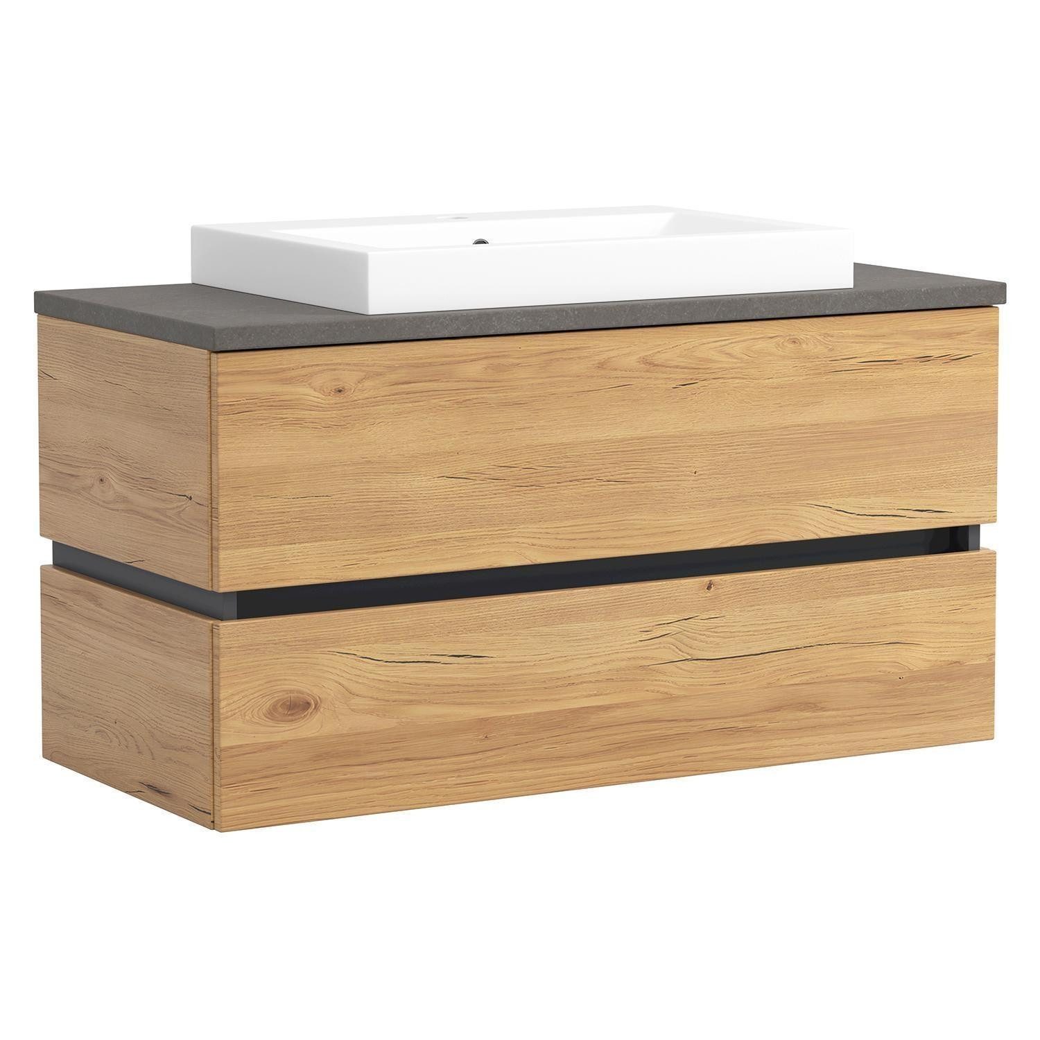 Vito Waschtisch-Set 2-teilig CARIBU, Graphitgrau, Wildeiche Dekor, 2 Schubladen, Soft-Close-Funktion, B 100 x H 63 x T 48 cm