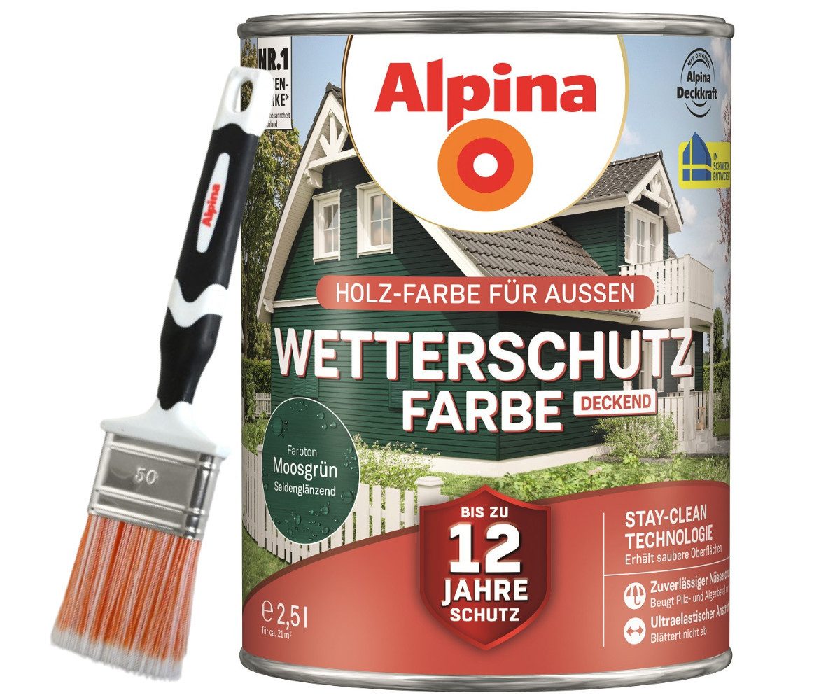 Alpina Holzschutzlasur - Set - Wetterschutz-Farbe deckend 2,5L + Pinsel 50mm