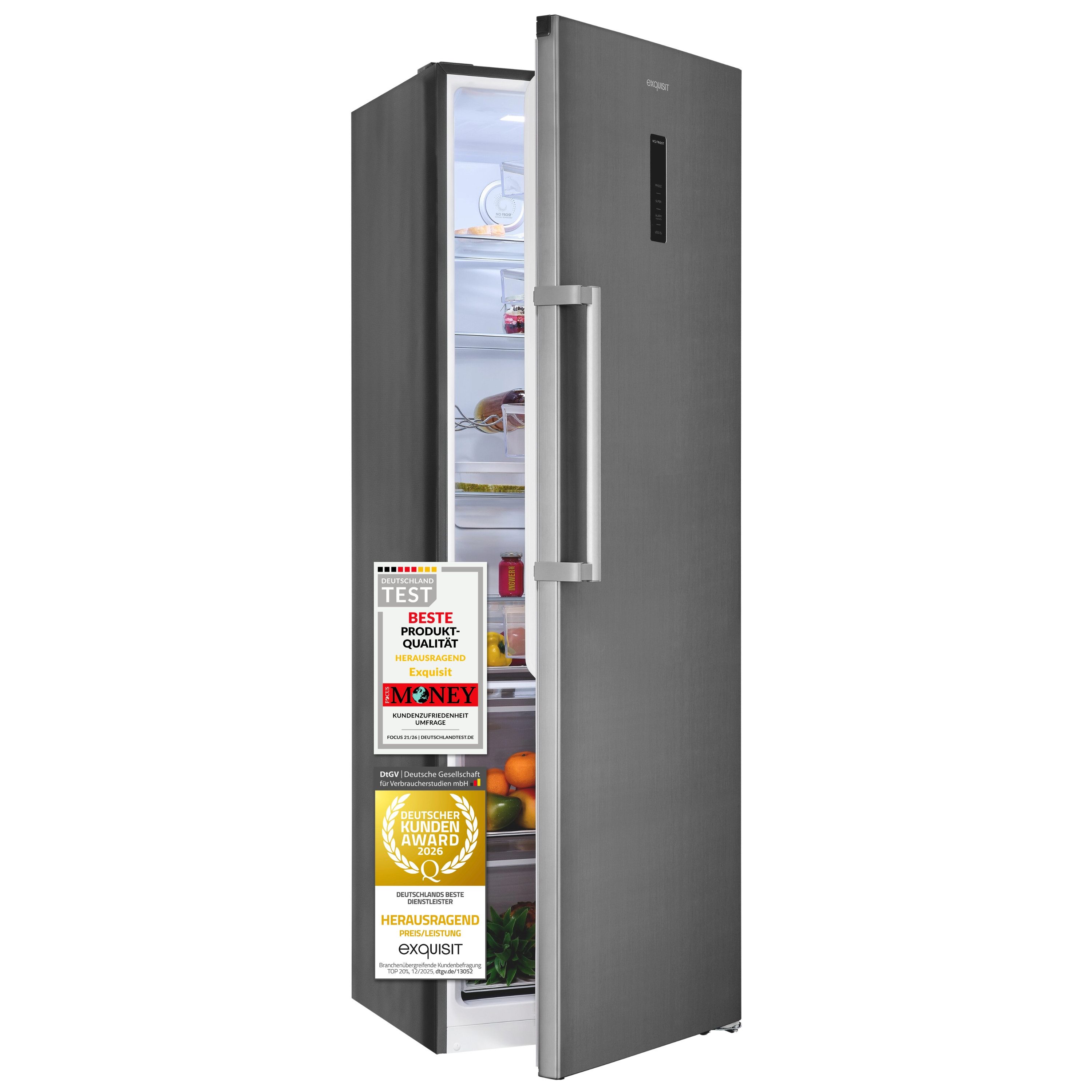 exquisit Vollraumkühlschrank KS5360-V-HE-040C, 185 cm hoch, 60 cm breit, 359 l Nutzinhalt, LED Beleuchtung, 4 Ablagen, Energieklasse C