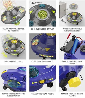 DTC GmbH Seifenblasenmaschine Automatische und Rotierende Bubble Machine mit Lichtern und Musik, Hindernisvermeidung,Blasenmaschine Elektrisches Blasenspielzeug