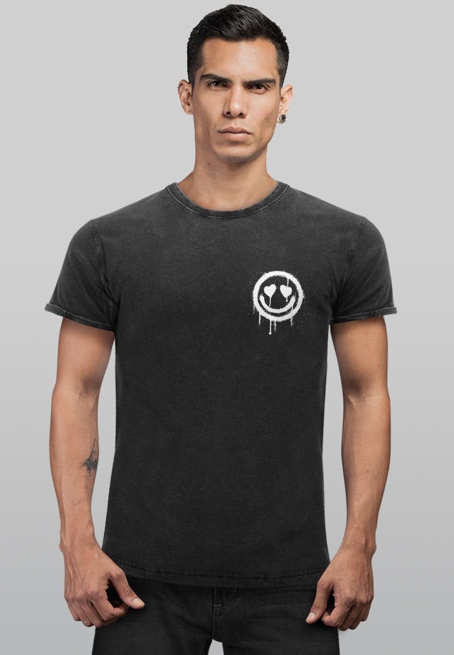 Herren schwarz Face Print-Shirt Neverless Drippy Drip mit Motiv Vintage Print Print Smile Shirt Aufdruck Herz-