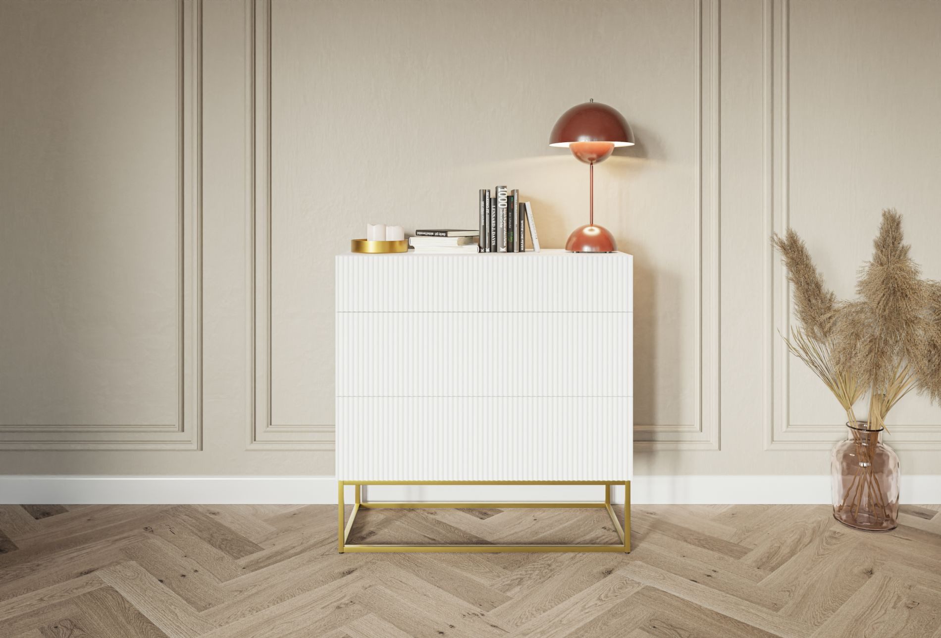 Selsey Kommode VELDIO, mit 3 Schubladen, Lamellenfront, Stahlbeinen, 90 cm breit