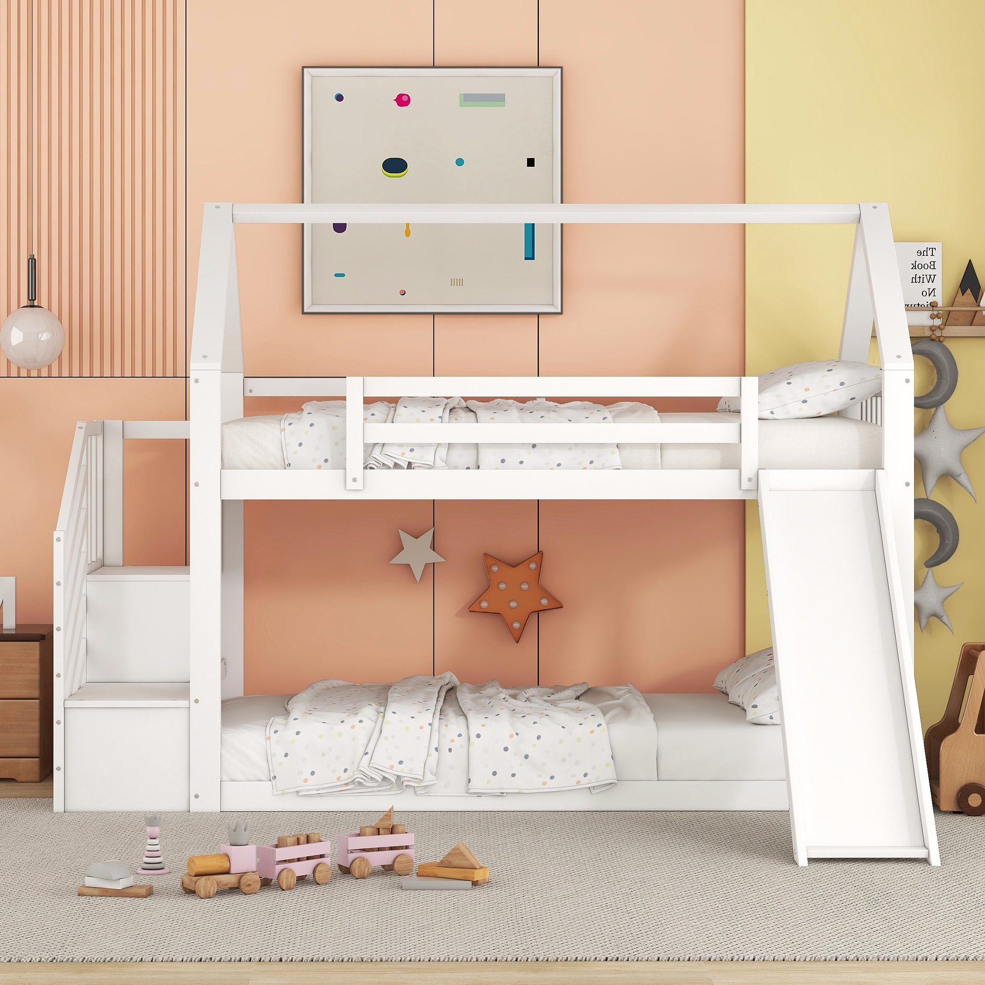 HAUSS SPLOE Bett Hausbett Etagenbett Kinderbett Bettrahmen Einzelbett Holzbett (mit Stauraumtreppe und Rutsche, mit Geländer), geeignet für Kinder, Jugendliche, Ohne Matratze Weiß