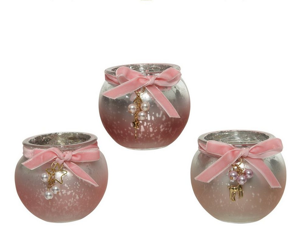 Decoris season decorations Teelichthalter, Teelichthalter Glas mit Schleife  und Anhänger 7cm rosa, 1 Stück