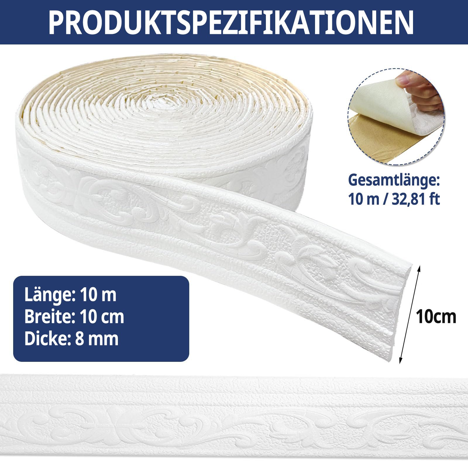 Agger Sockelleiste 10m*11cm selbstklebende Schaumstoffsockelleiste, L: 10 cm, H: 11 cm, 3D-Relief sockelleiste, wasserdichte Bordüre – Bild 2 von 5
