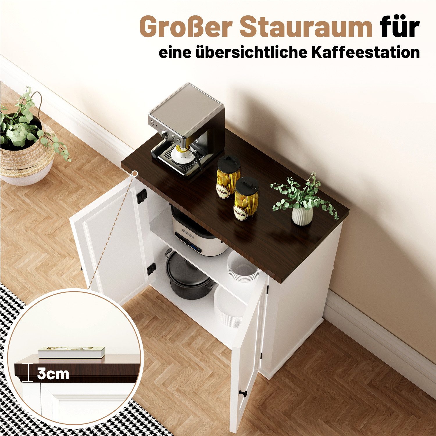 oyajia Sideboard Badezimmerschrank Mehrzweckschrank mit 2 Türen, Höhe 61.5cm, mit variabel verstellbaren Einlegeböden