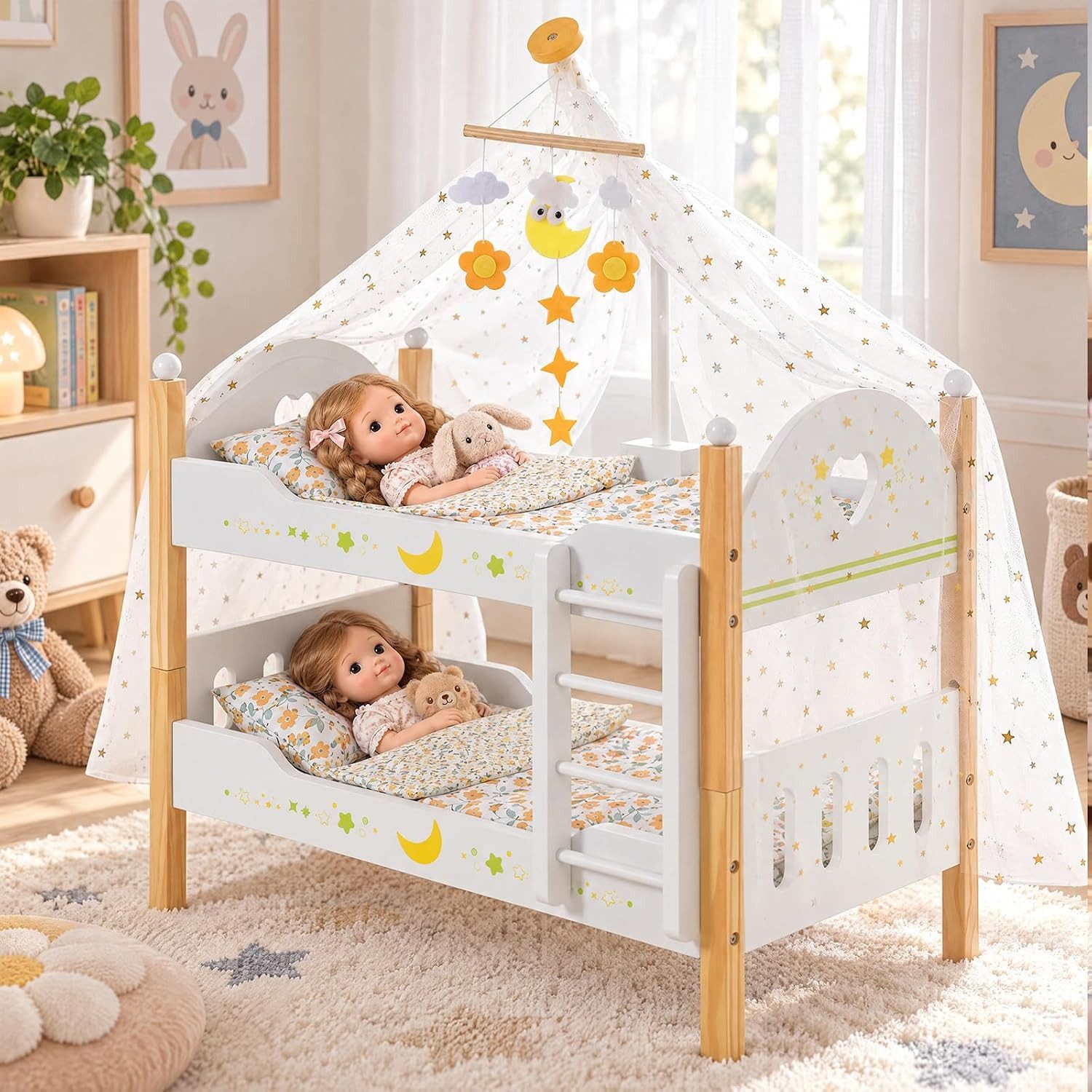 TLGREEN Puppenbett als Kinderspielzeug (stabiles Puppenmöbel für fantasievolle Rollenspiele, 55 x 30 x 46 cm), kreatives Spielzeug‑Geschenk für Kinder ab 3 Jahren im Kinderzimmer