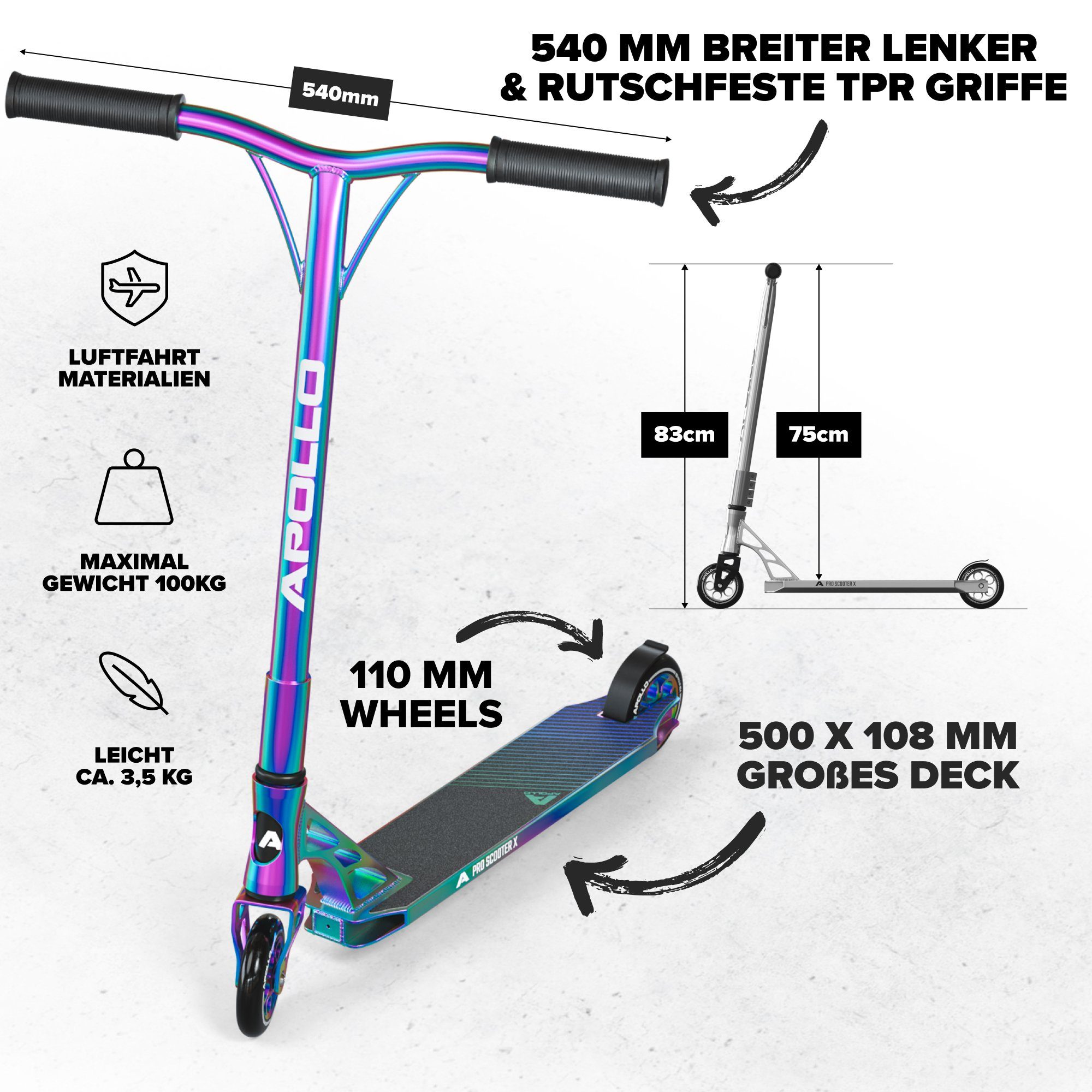 Apollo Stuntscooter Stunt Scooter Genesis X Pro - High End Stuntscooter, Profi Trick Roller mit 120mm Alu Core Wheels Kickscooter