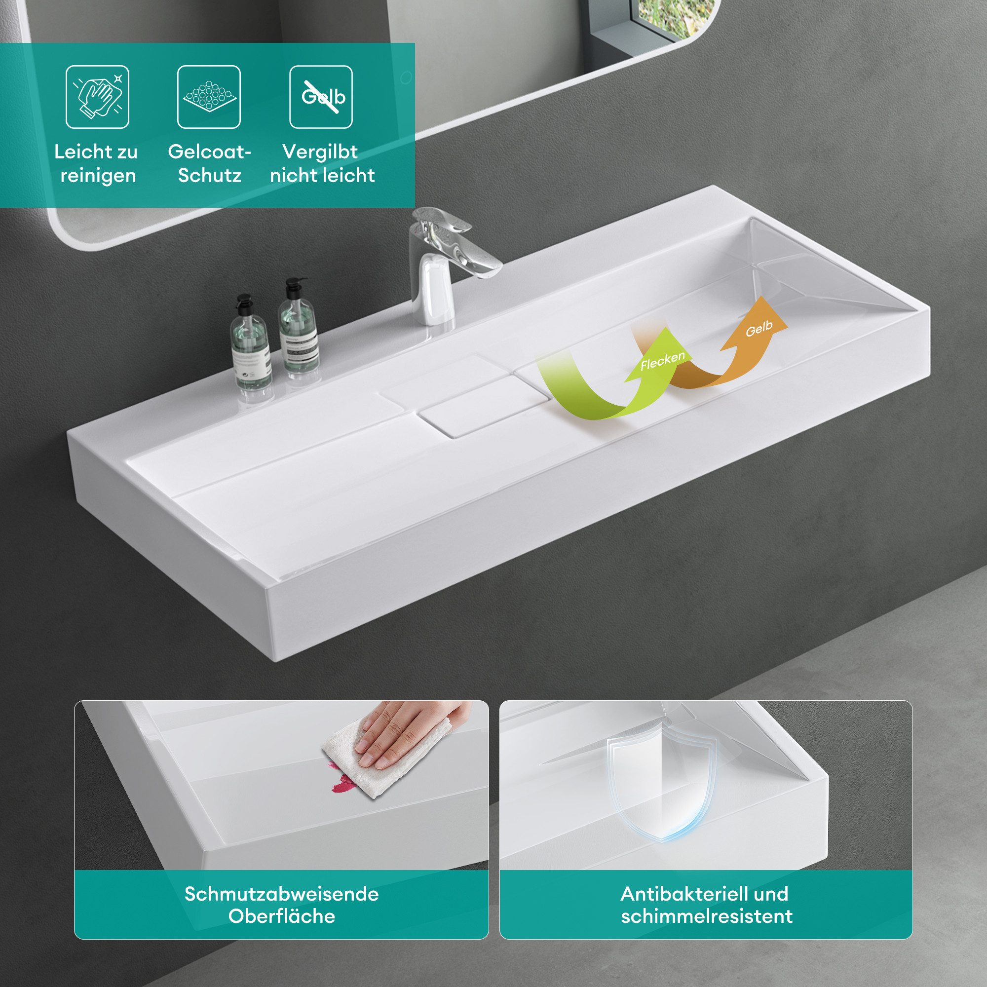 Mai & Mai Waschbecken Einbauwaschbecken Hängewaschbecken aus Mineralguss mit Ablaufgarnitur, verdeckter Ablauf, abnehmbare Ablaufabdeckung – Bild 5 von 5