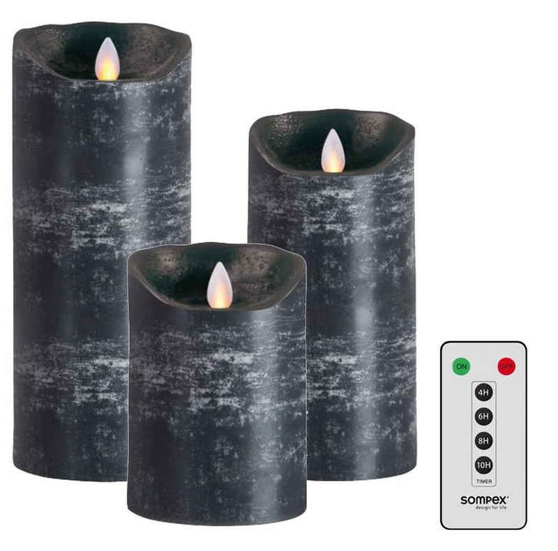 SOMPEX LED-Kerze 3er Set Flame LED Kerzen anthrazit 12,5/18/23cm (Set, 4-tlg., 3 Kerzen, Höhe 12,5/18/23cm (je 8cm Durchmesser), 1 Fernbedienung), mit Timer, Echtwachs, täuschend echtes Kerzenlicht