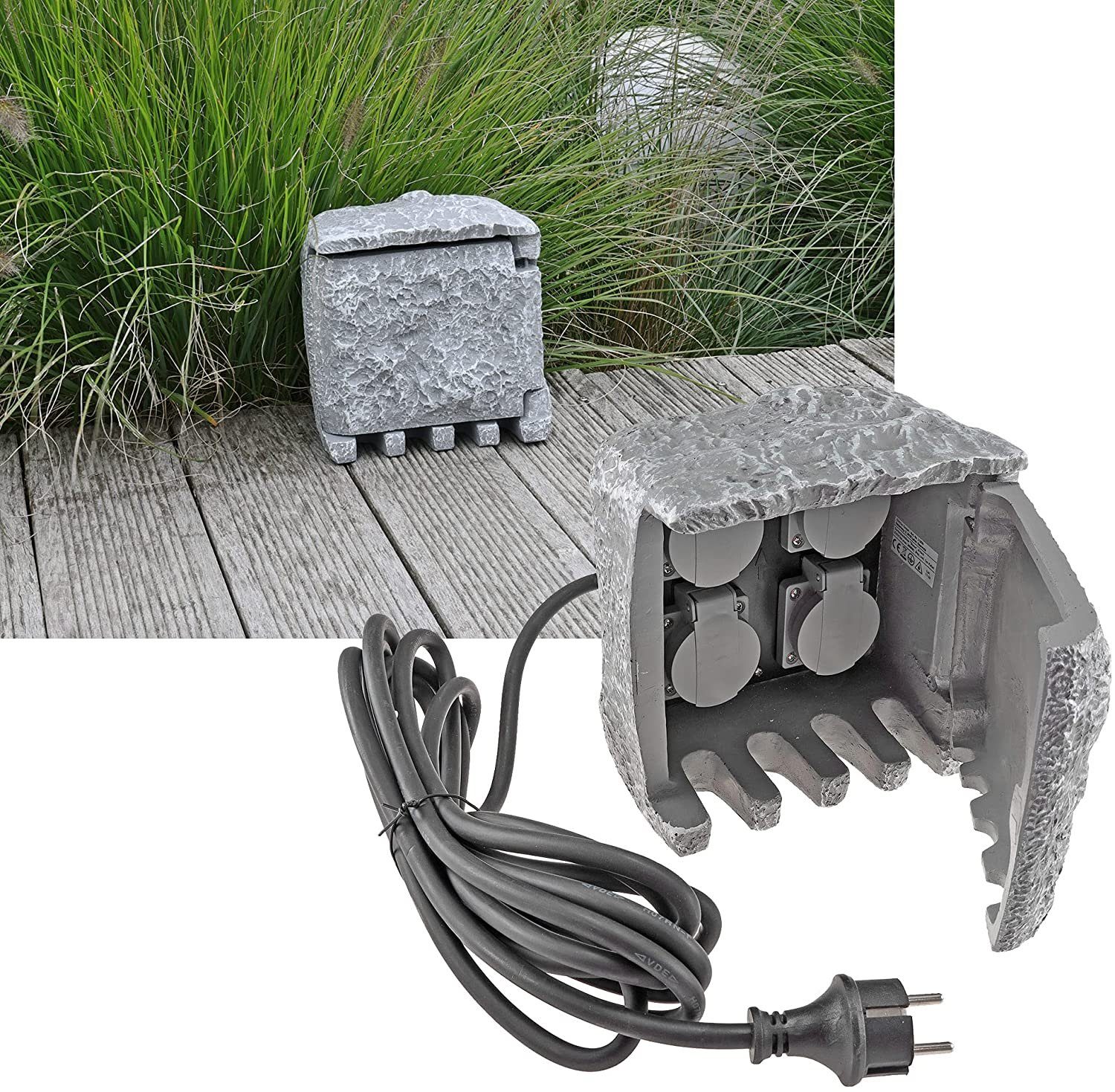 ChiliTec Gartensteckdose ChiliTec Gartensteckdose Außensteckdose 4-fach 5m Kabel I Stein-Optik