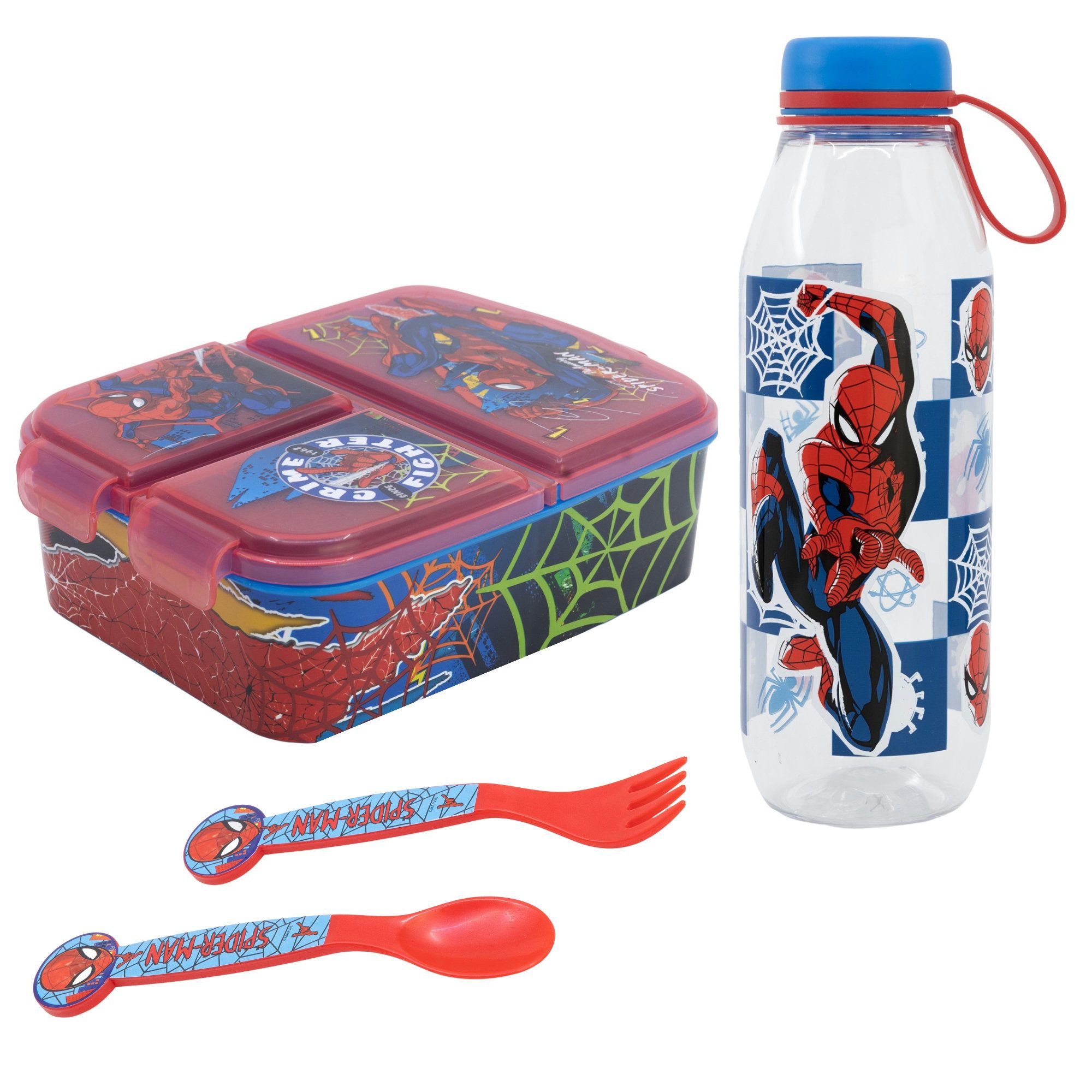 MARVEL Lunchbox Marvel Spiderman 4 teiliges Kinder Set Brotdose Trinkflasche Besteck, (4-tlg., Spar-Set), 650 ml