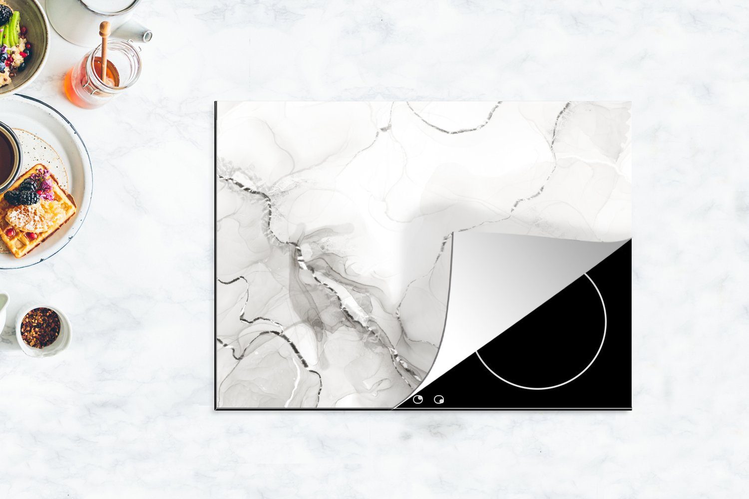 MuchoWow Herdblende-/Abdeckplatte Marmor - Weiß - Ceranfeldabdeckung Mobile (1 tlg), Arbeitsfläche cm, nutzbar, Vinyl, Linie, 70x52