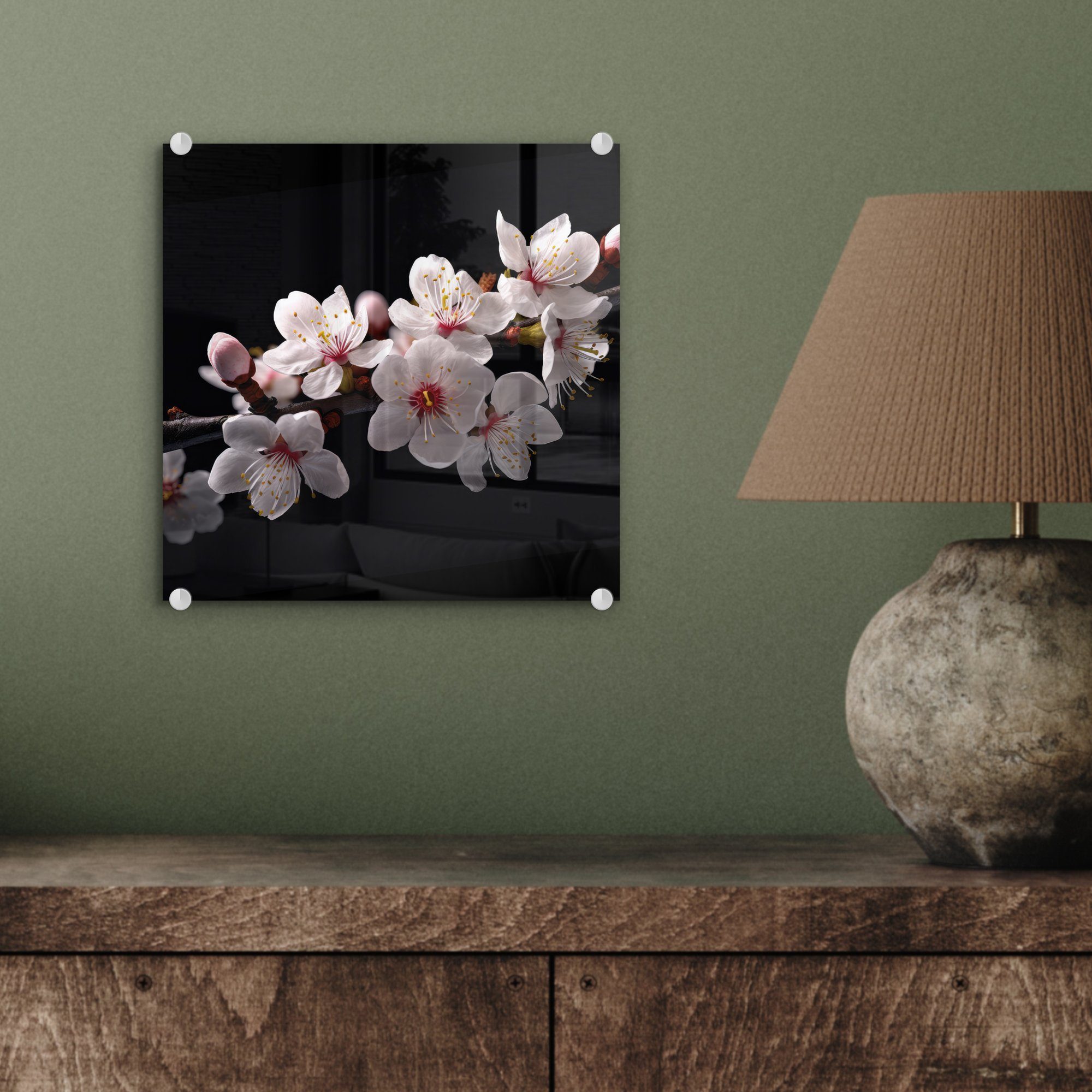 auf Blütenzweige MuchoWow - Foto St), - - Wandbild Weiß, Botanisch Blumen Bilder Wanddekoration Sakura - auf Glas - (1 Acrylglasbild Glasbilder - - Glas