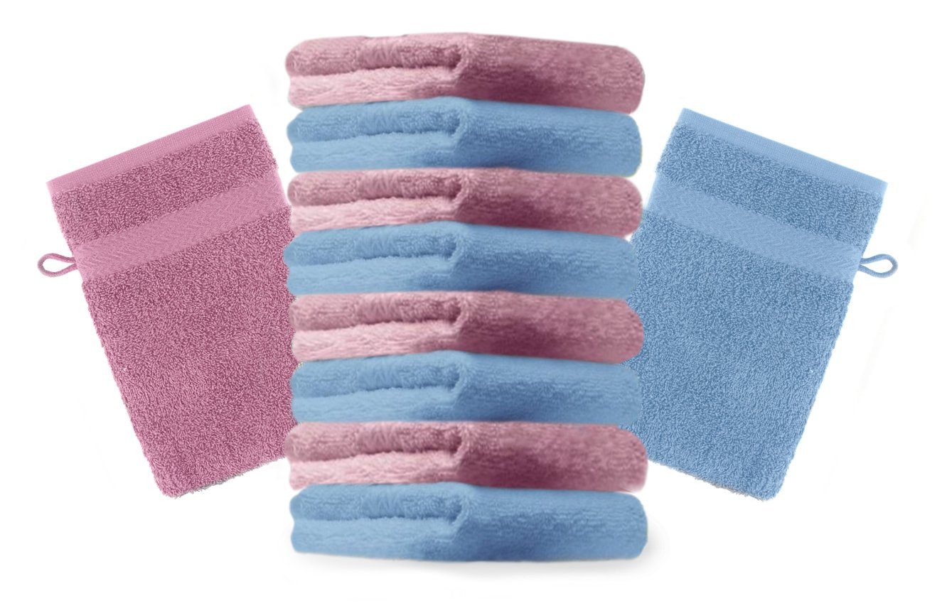 Betz Waschhandschuh 10 Stück Waschhandschuhe Premium 100% Baumwolle Waschlappen Set 16x21 cm Farbe hellblau und Altrosa