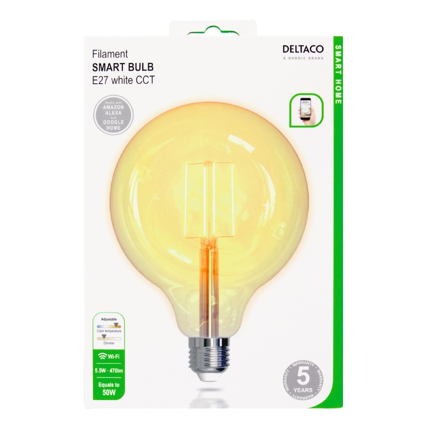 DELTACO SMART HOME LED-Leuchtmittel TUYA und 5 Filamentbirne Herstellergarantie St., Watt 5,5 125mm LED Lampe inkl. E27 E27, Jahre 1 Smarte System