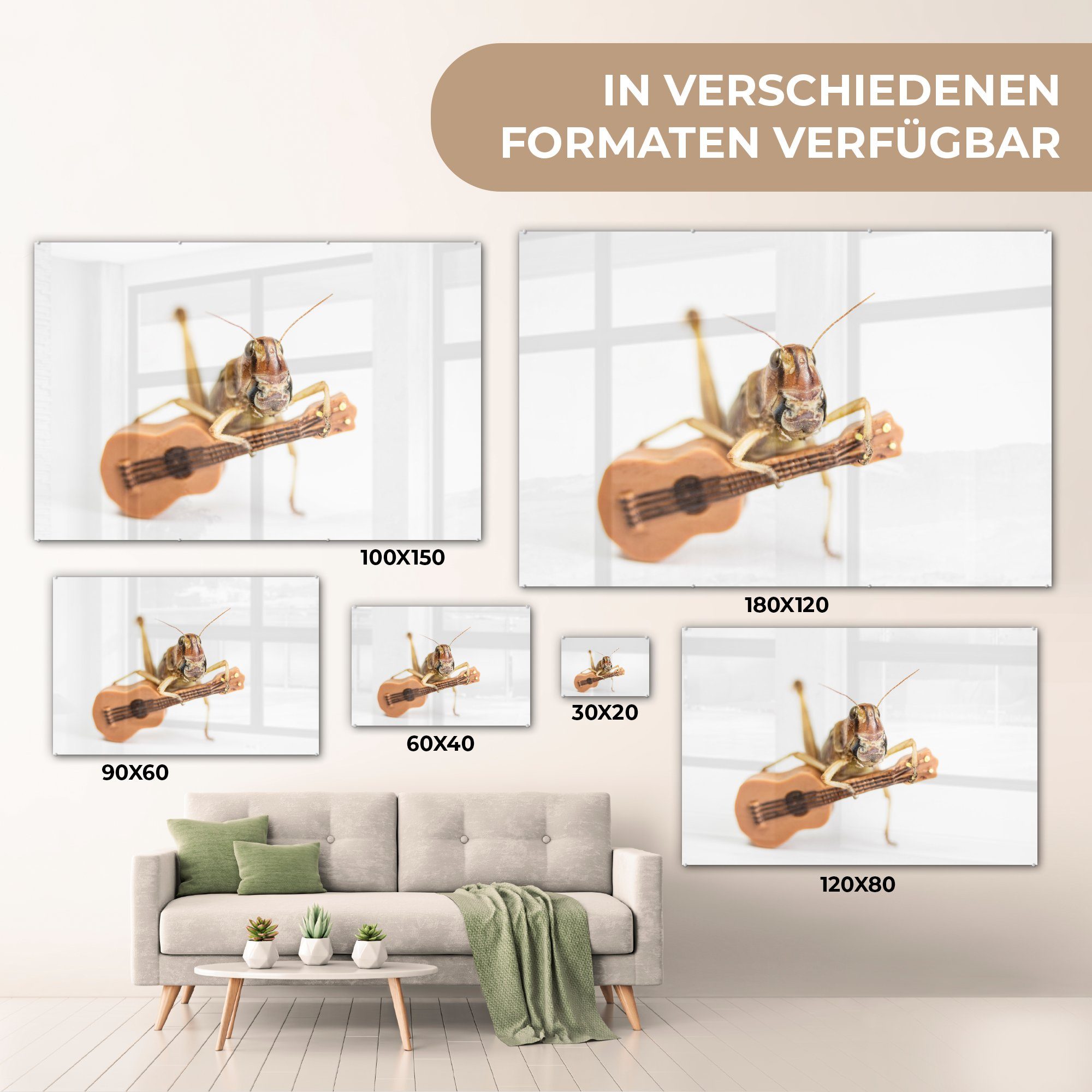 MuchoWow - Acrylglasbilder - Grashüpfer Gitarre & Wohnzimmer (1 Tiere, St), Acrylglasbild Schlafzimmer
