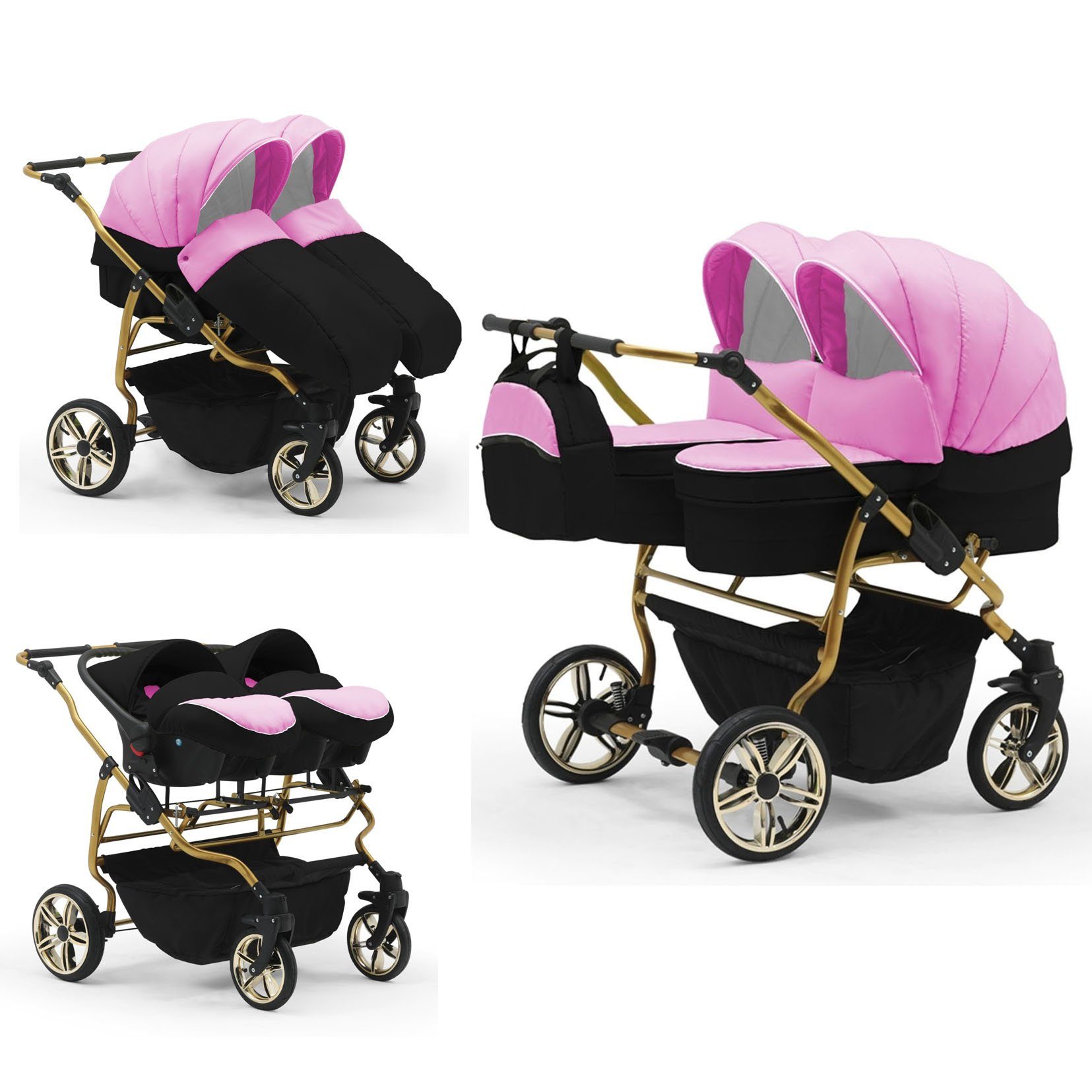 babies-on-wheels Zwillingswagen Duet Lux Gold 3 in 1 inkl. Autositze - 13 Teile - in 33 Farben Pink-Schwarz