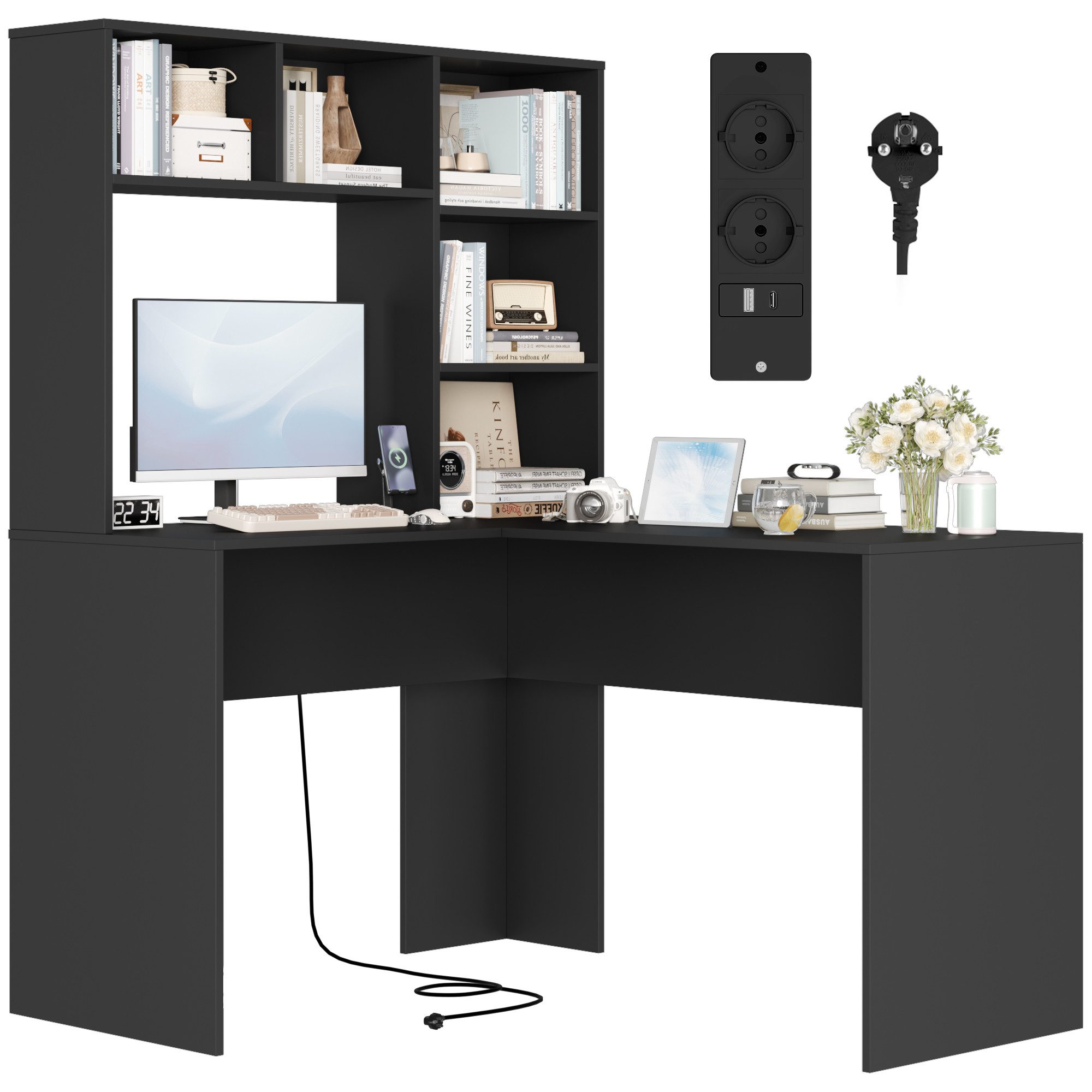 Homfa Schreibtisch mit Steckdose, Eckschreibtisch L-förmig, Computertisch Bürotisch weiß 152cm