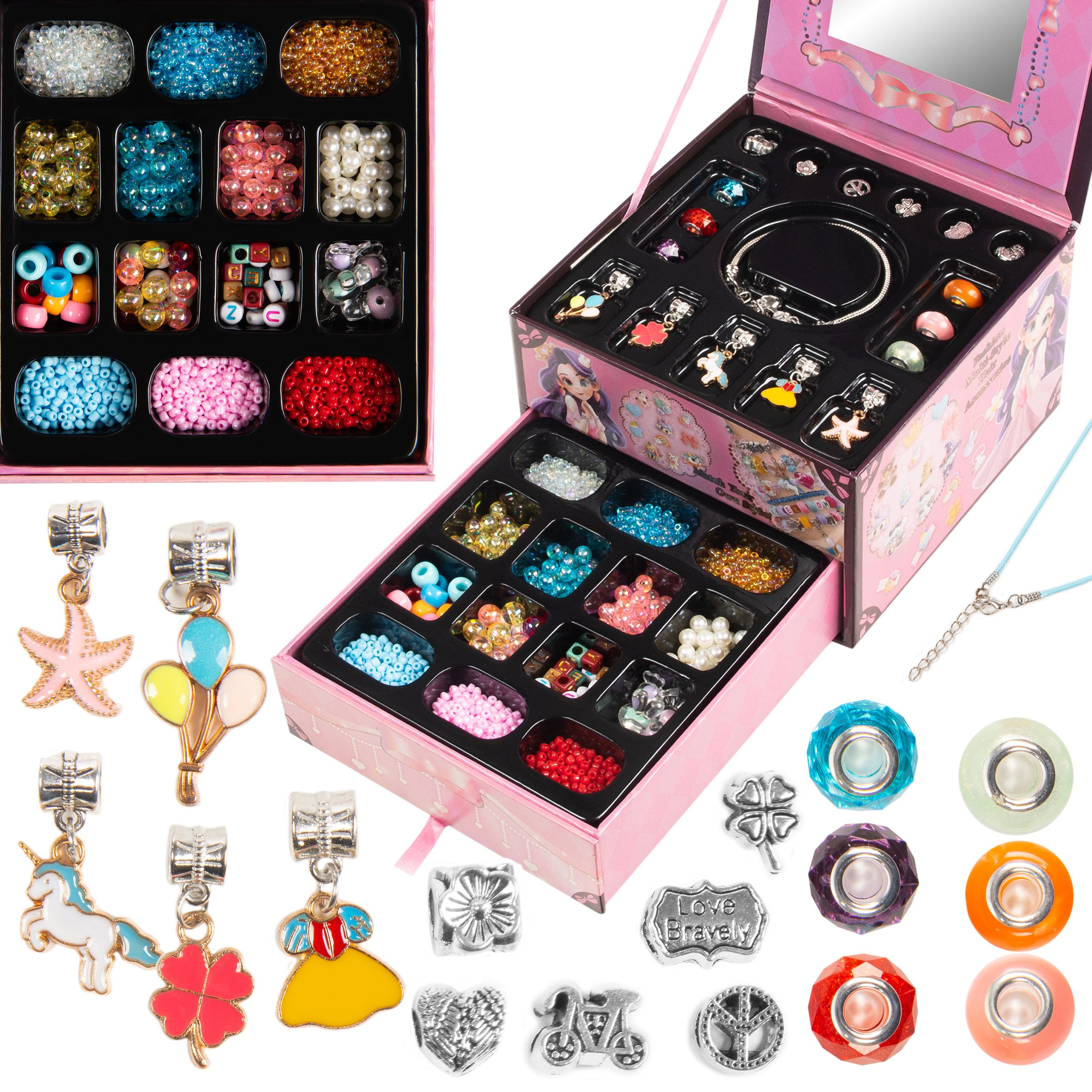 COIL Schmuckset Kinderschmuck, Perlen zum Auffädeln, Selbstbausatz, DIY (32-tlg), Kreativset, Charm Set, Armband, Kette, Haarschmuck