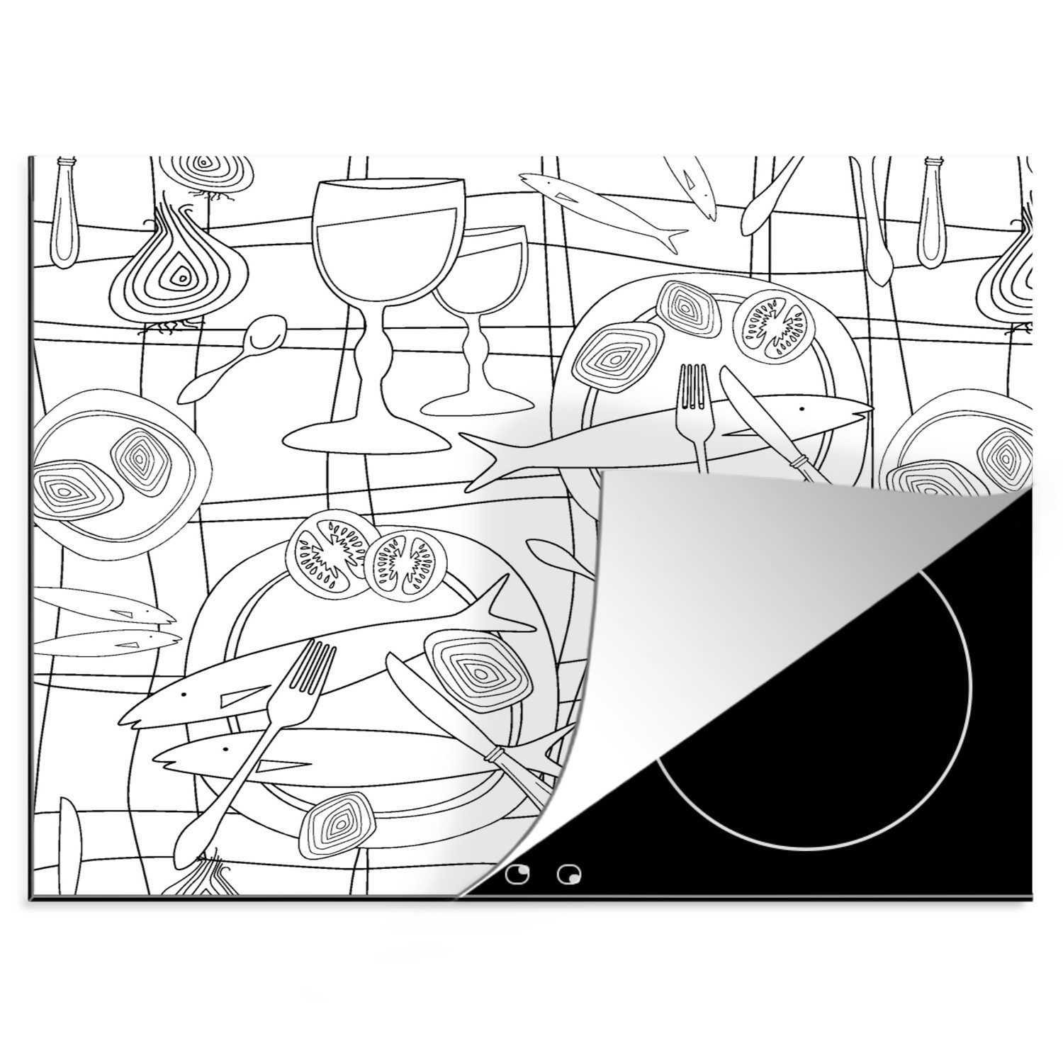 MuchoWow Herdblende-/Abdeckplatte Fische cm, Ceranfeldabdeckung Muster und (1 Vinyl, Mobile Weiß, - Arbeitsfläche tlg), Schwarz - nutzbar, 60x52