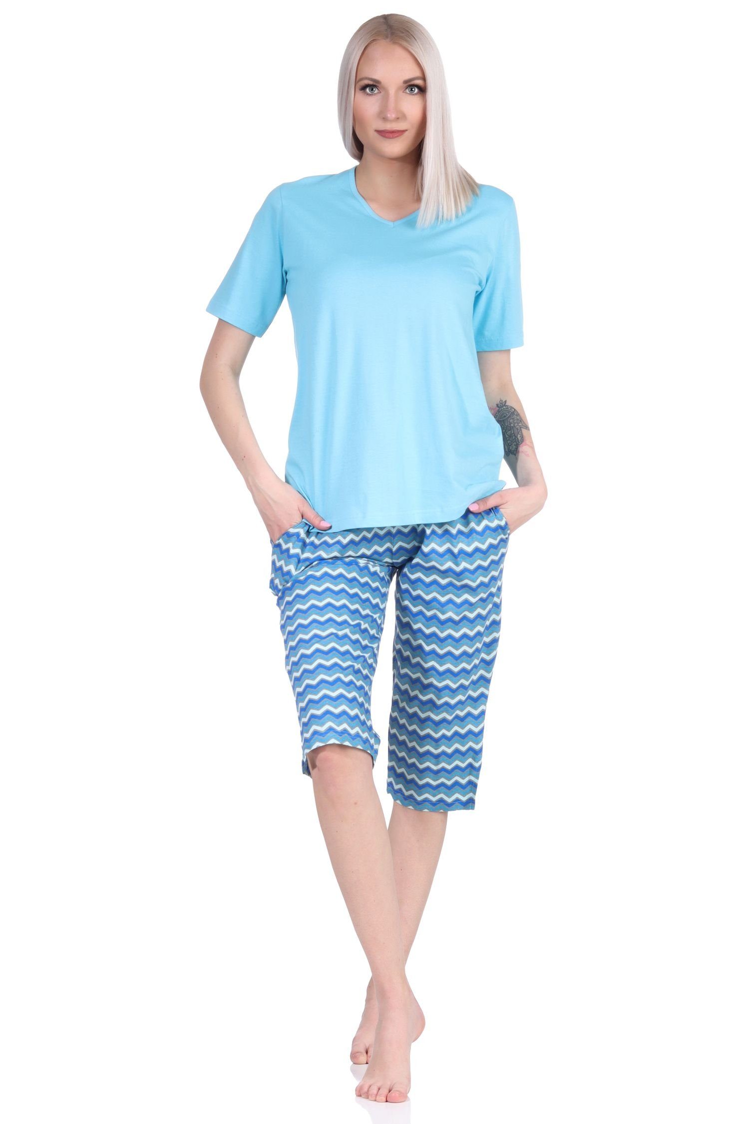 blau Ethno-Style 3/4 Normann Pyjama Shorts, Capri Capri mit Pyjama im Schlafanzug Damen