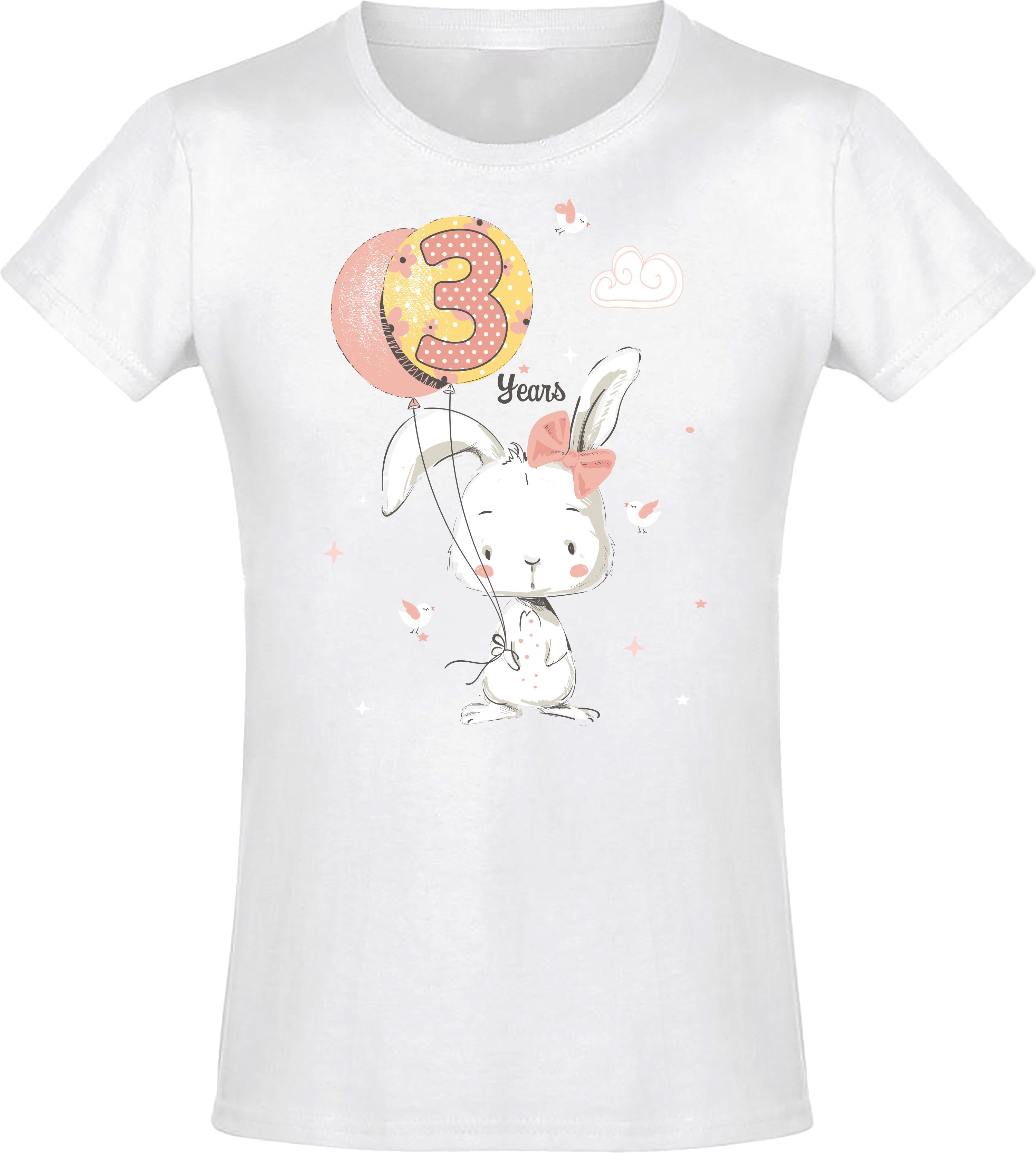 Baddery Print-Shirt Geburstagsgeschenk für Mädchen : 3 Jahre mit Hase hochwertiger Siebdruck, aus Baumwolle Weiß