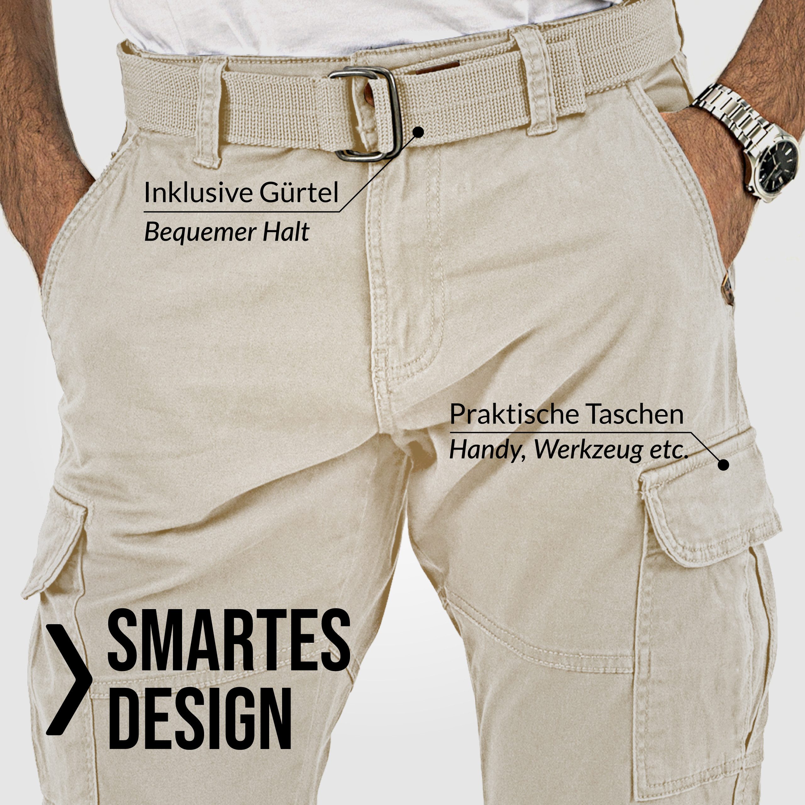 Indicode Cargohose Herren William Cargo Hose Herrenhose mit 7 Taschen, inkl. Gürtel