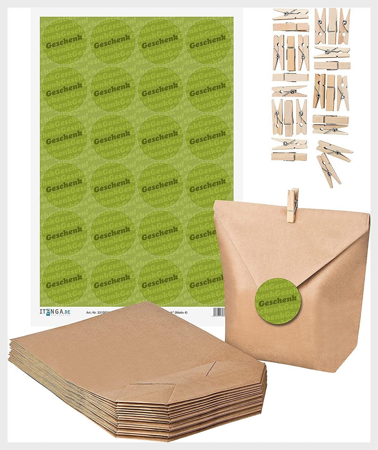 Geschenkpapier MiniKlammer Geschenktüten GESCHENK + Aufkle SET itenga (Motiv4) 24x 24x + 24x